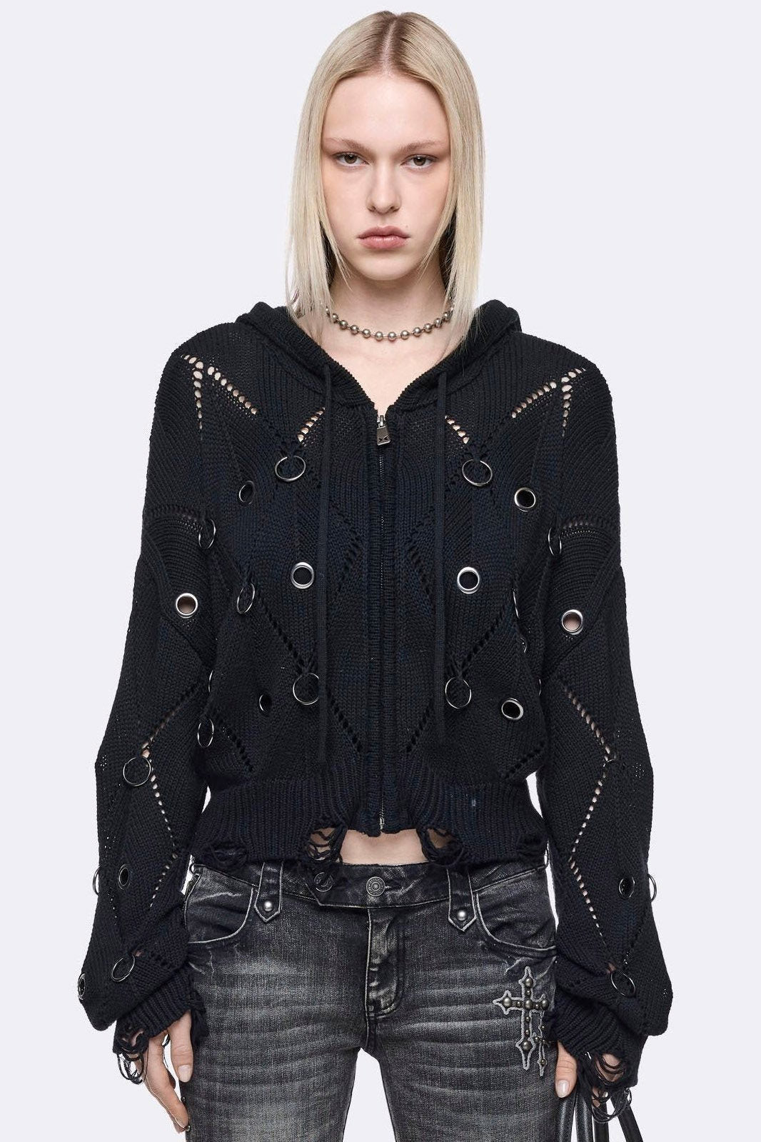 Ruin Crop Strickjacke mit Nieten - Black