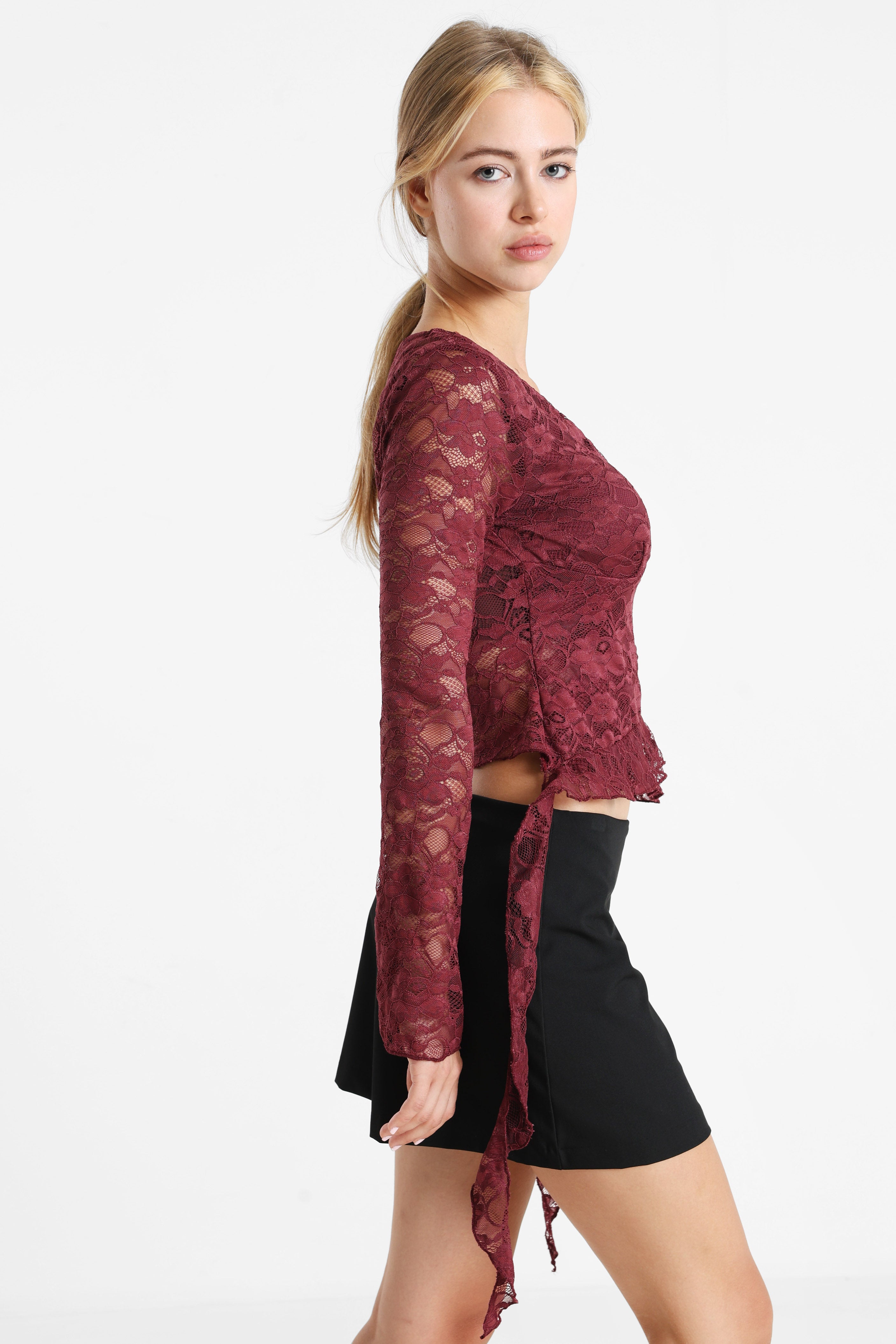 Crop Spitzen Langarmshirt - Bordeaux