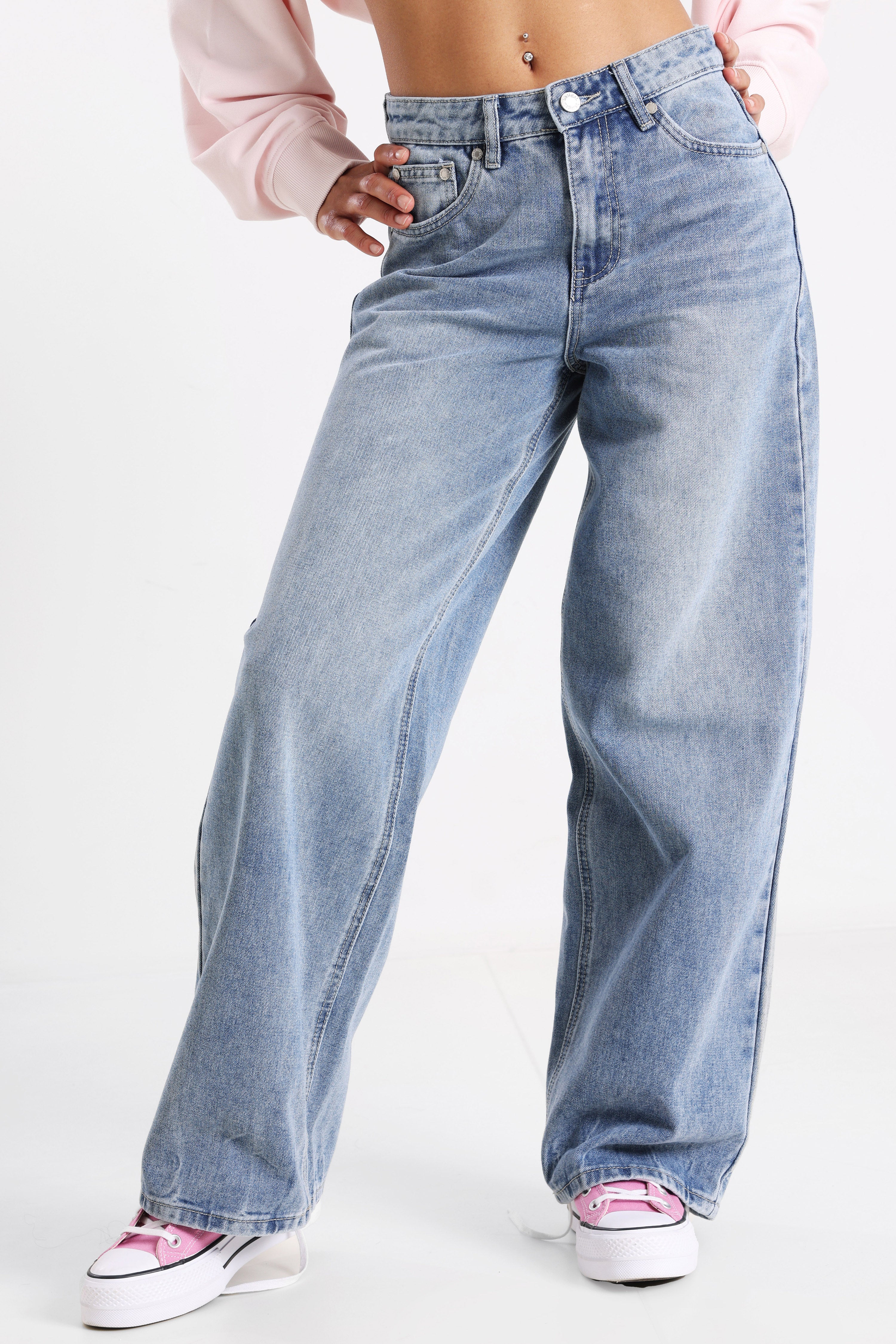 Wide Leg Jeans - Gewaschen Blau