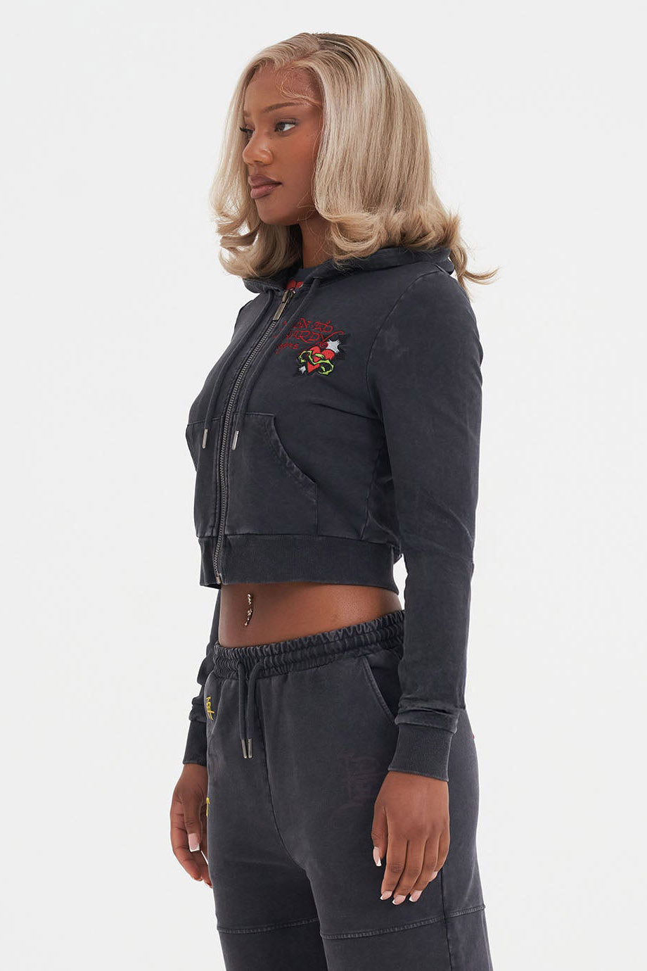 Crop Kapuzensweatjacke - Black Washed