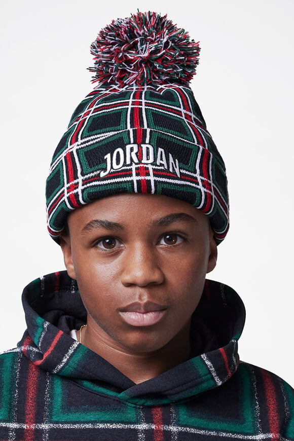 Holiday Plaid Pom-Beanie - Black + Dark Green + Red