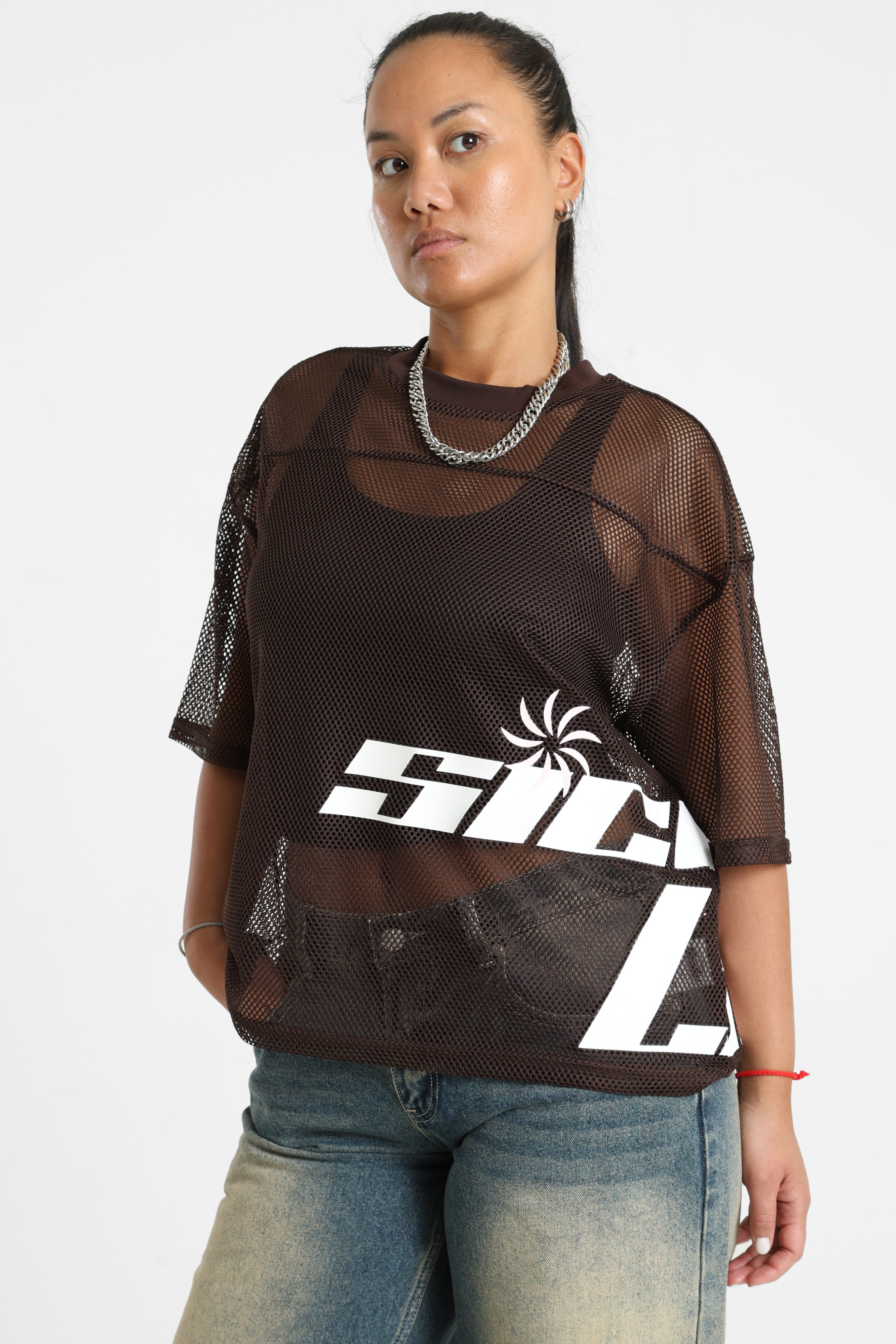Oversize Mesh T-Shirt - Braun