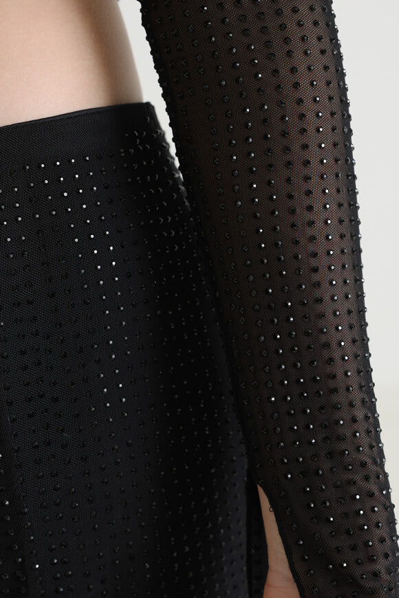 Crop Langarmshirt mit Strass - Black