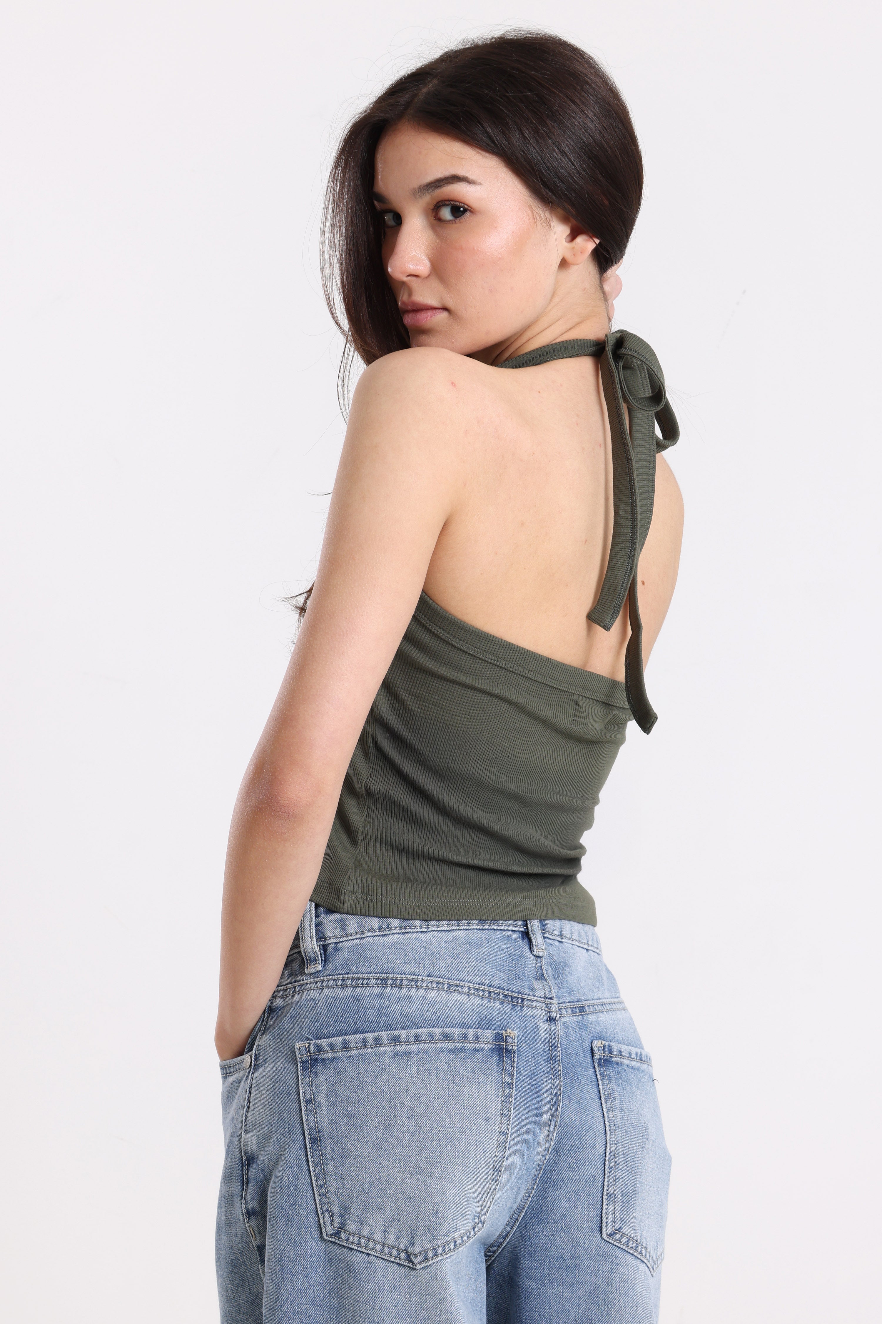 Top corto con schiena scoperta in costina - Olive