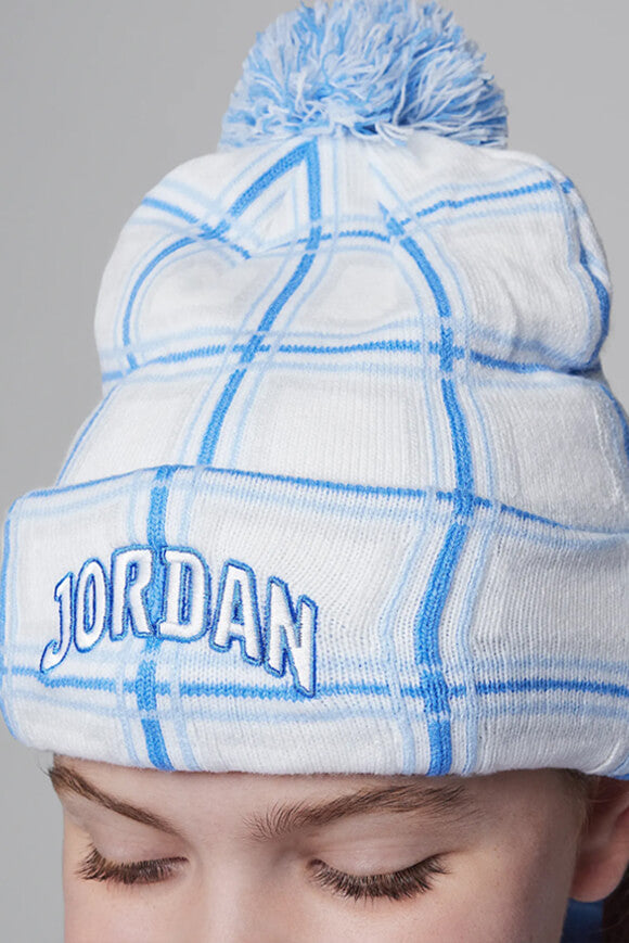 Holiday Plaid Pom-Beanie - White + Blue