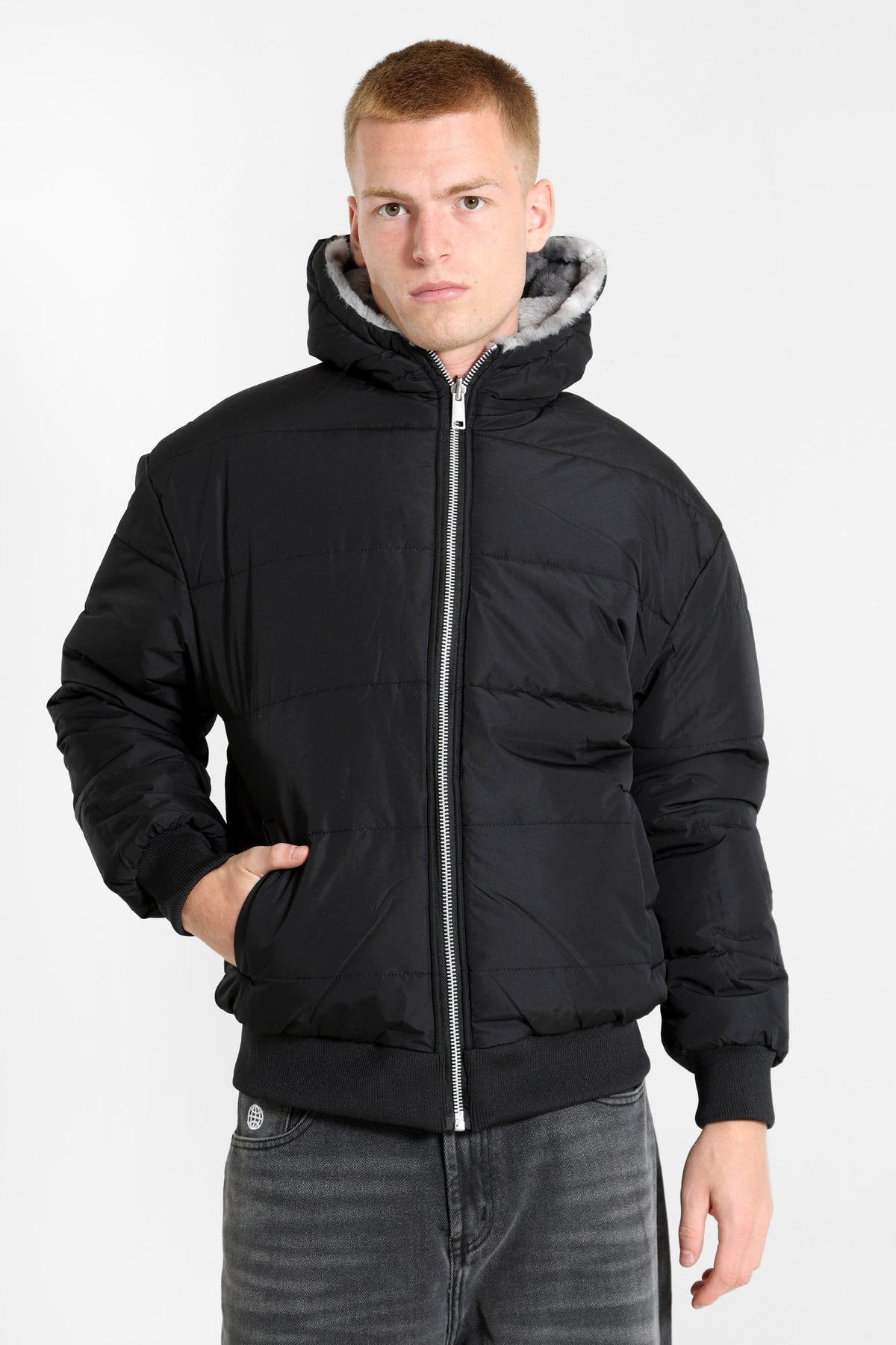Wendbare Kunstpelzjacke - Grey + Black