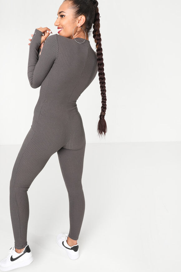 Combinaison longue à côtes - Gris foncé