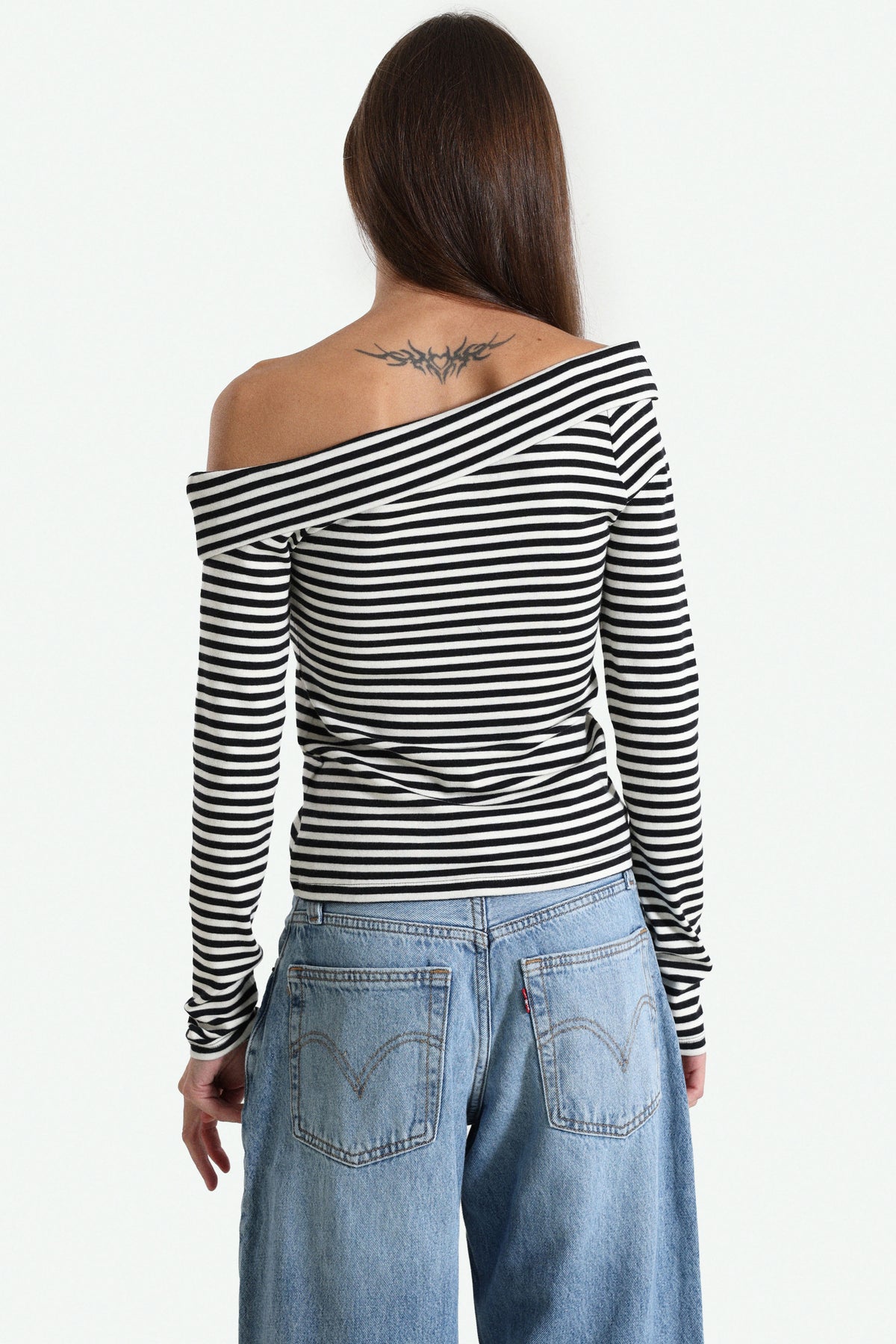 Clara Off Shoulder Langarmshirt - Ivie Stripe Anthracite Night