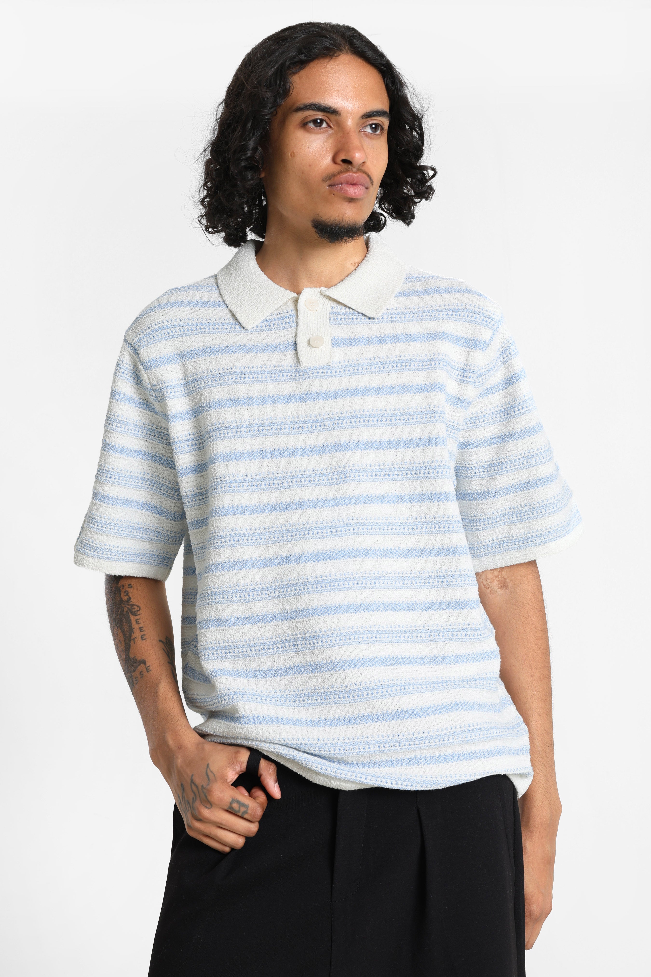 JORHYERES Strick Poloshirt - Sea Salt + Cashmere Blue