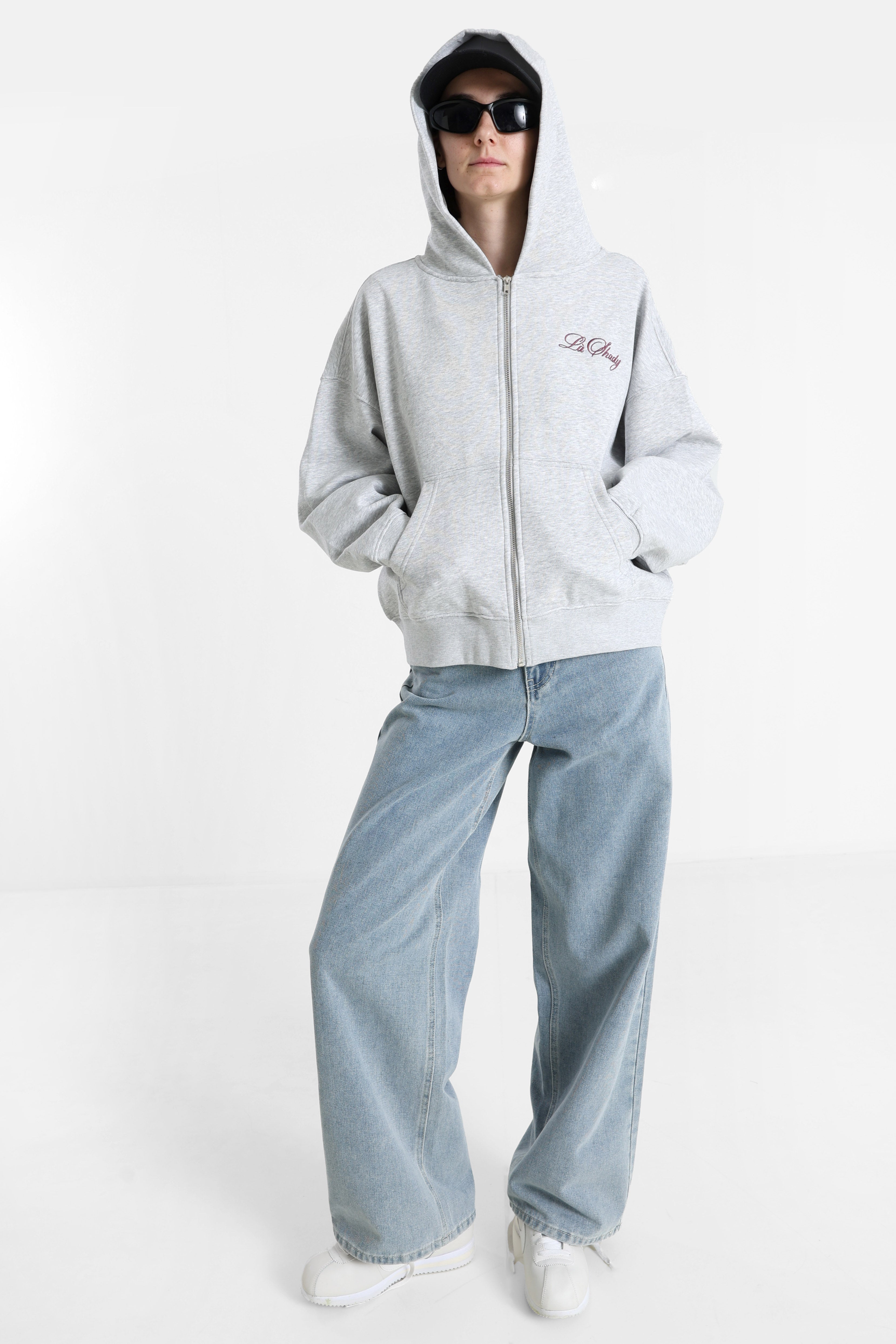 Kapuzensweatjacke - Hellgrau Meliert + Aubergine