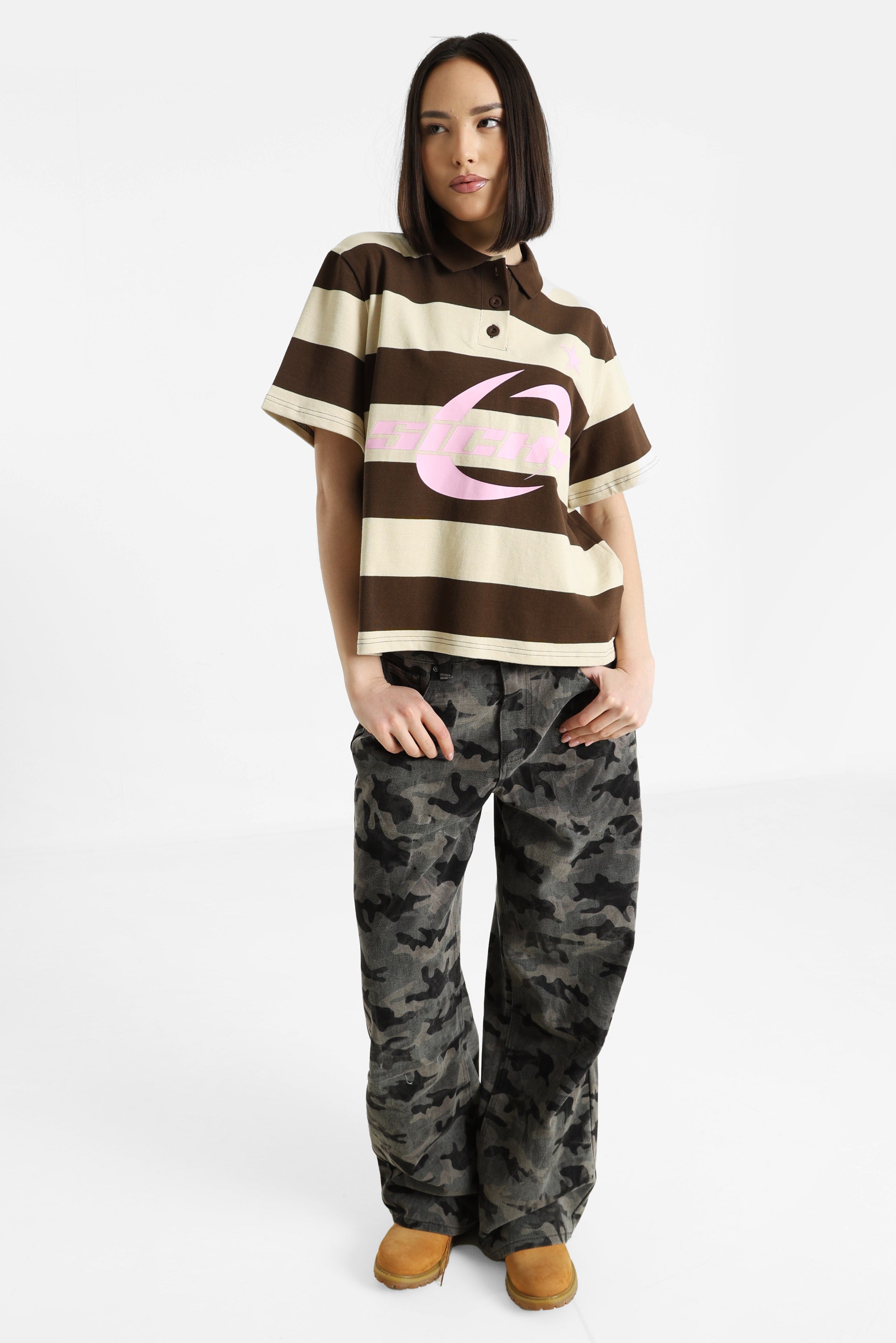 Poloshirt - Dunkelbraun + Beige