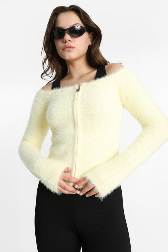 Off Shoulder Hairy Strickpullover - Hellgelb