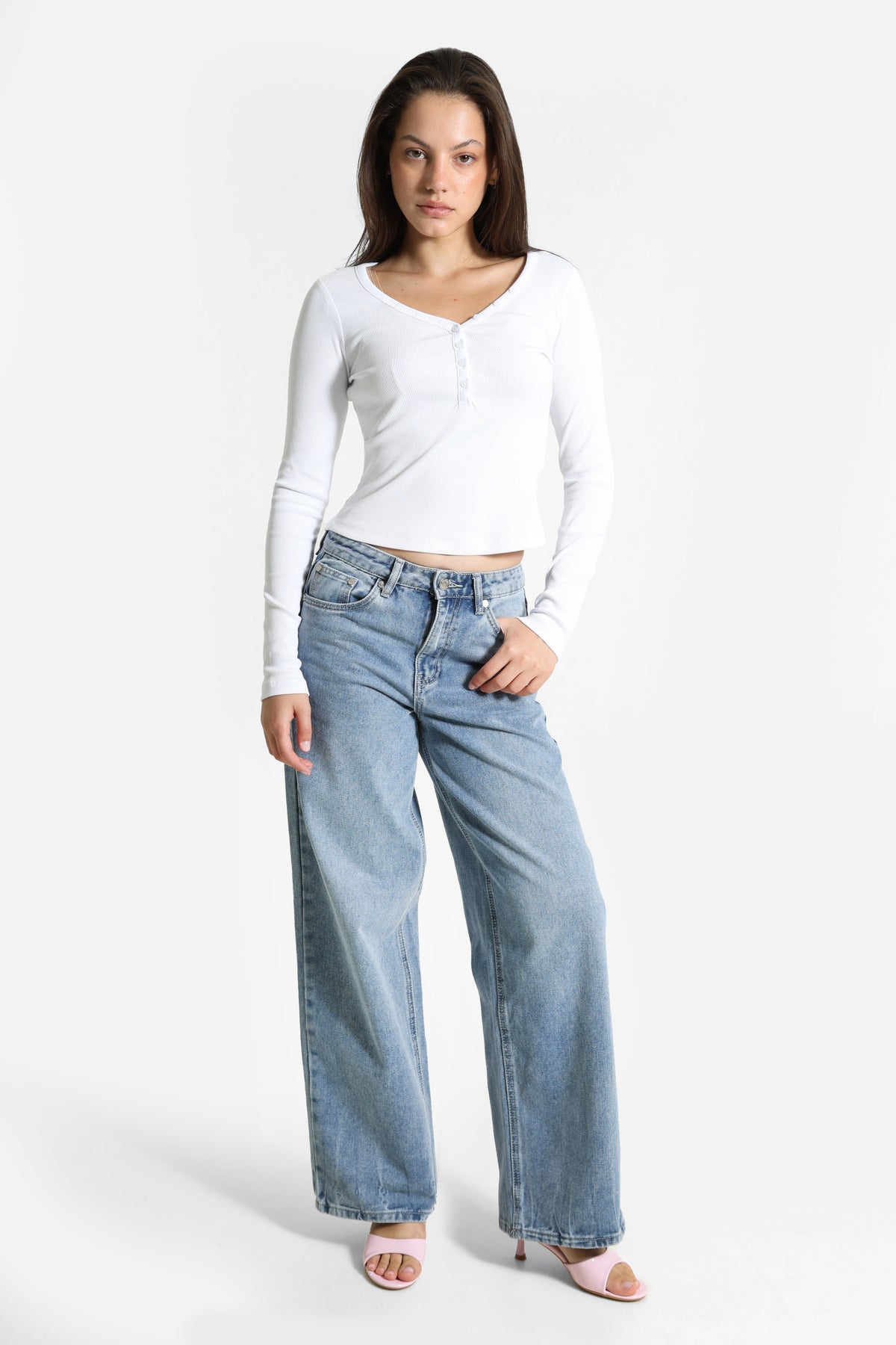 Geripptes Crop Langarmshirt - Weiss