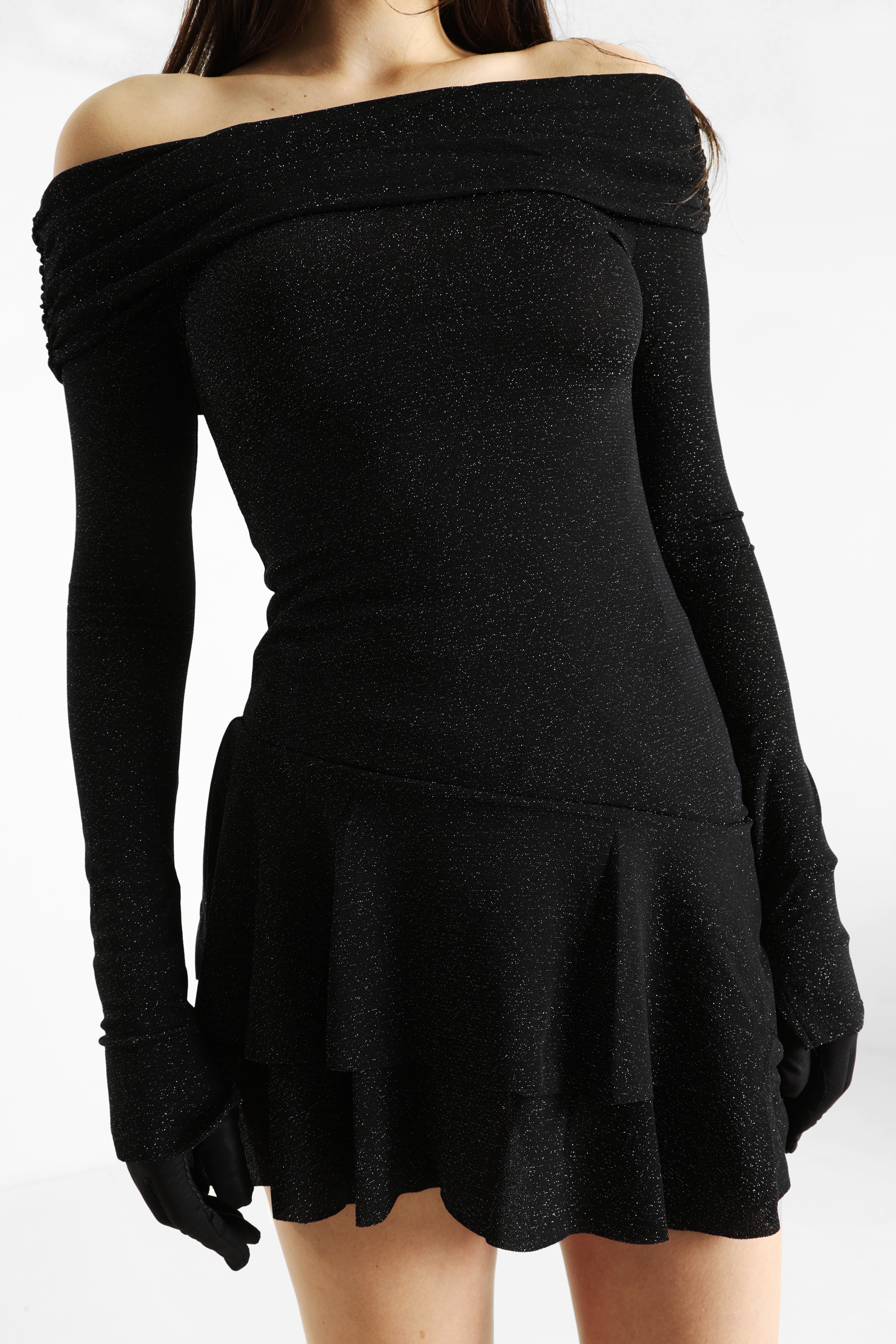 Off-shoulder mini dress with built-in shorts - Black + Silver