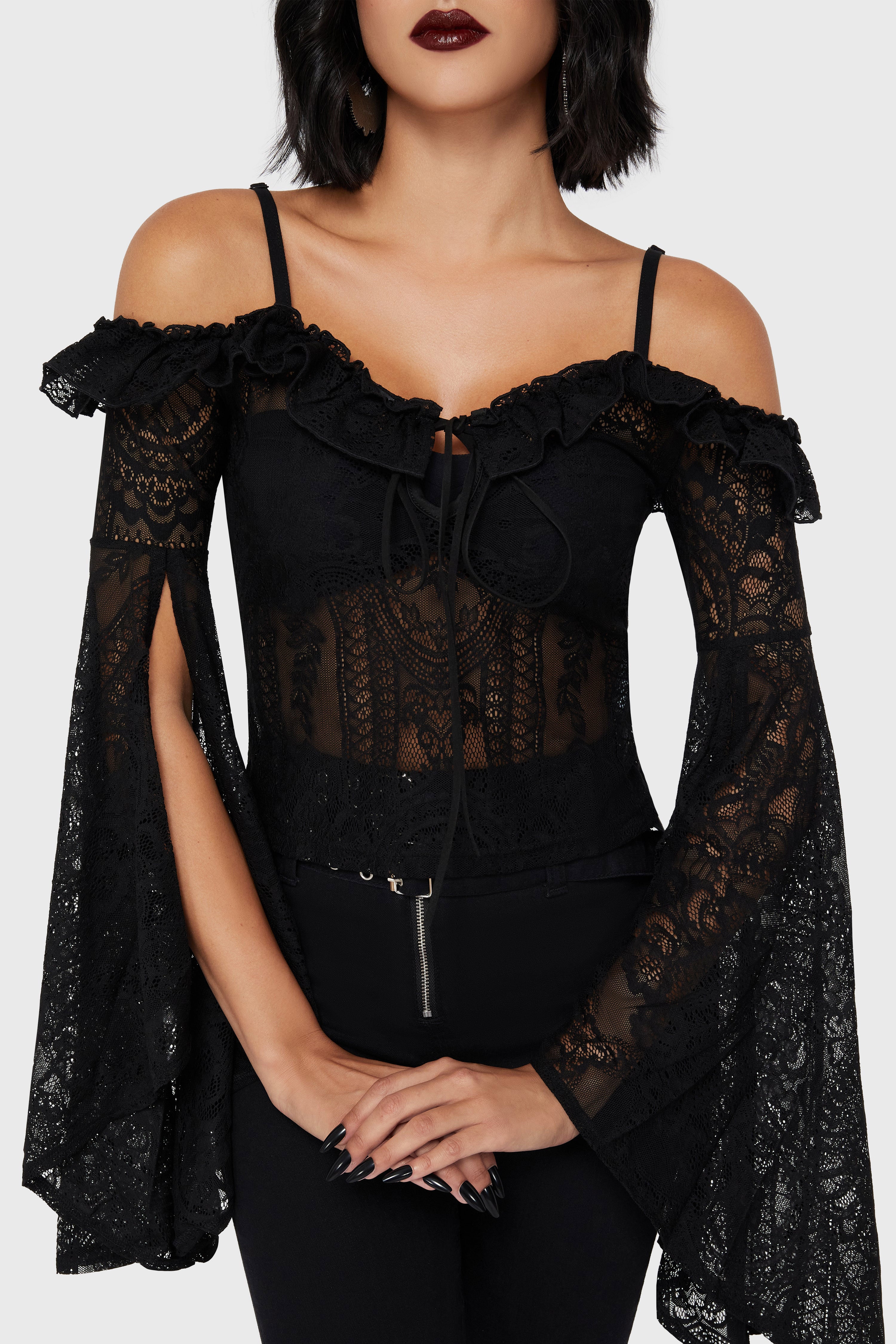 Spitzen Off Shoulder Langarmshirt - Black