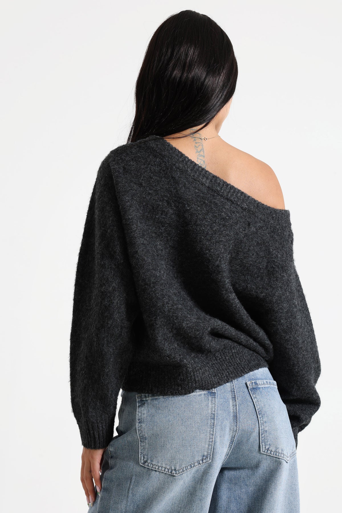Off-shoulder knitted sweater - Anthracite chiné