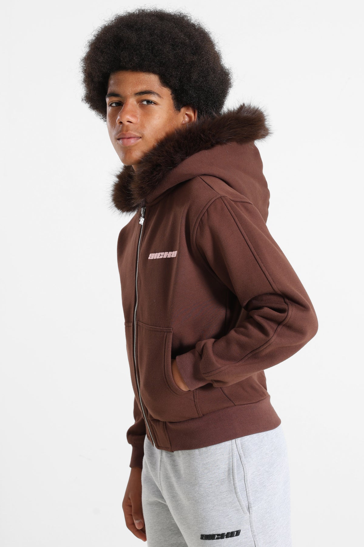 Sweat zippé à capuchon - Brun + Rose