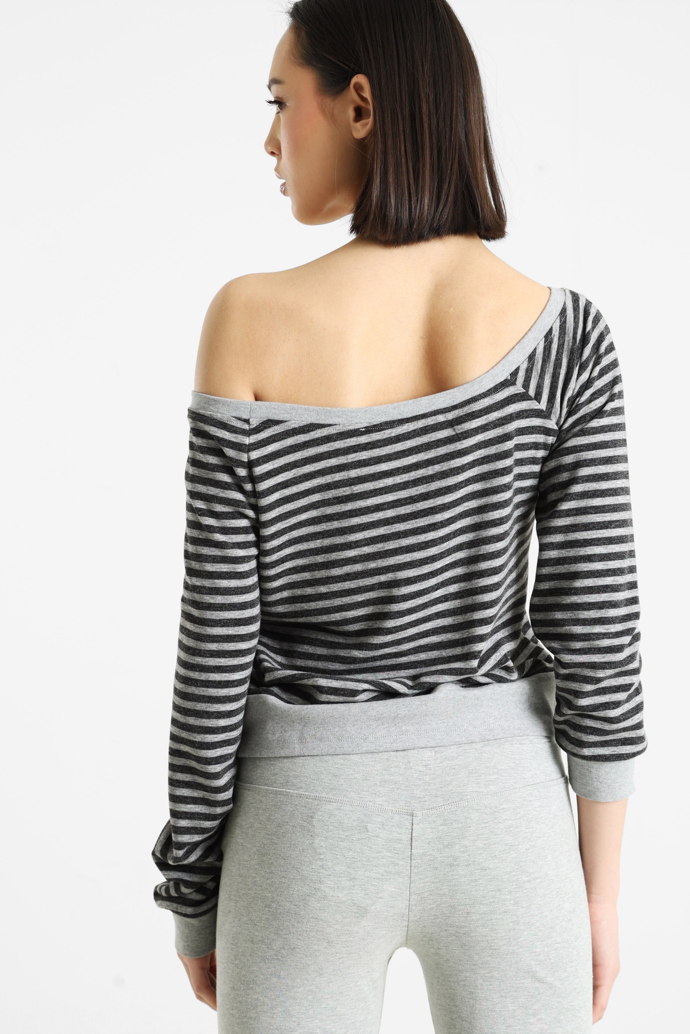 Off Shoulder Langarmshirt - Grau meliert + Anthrazit