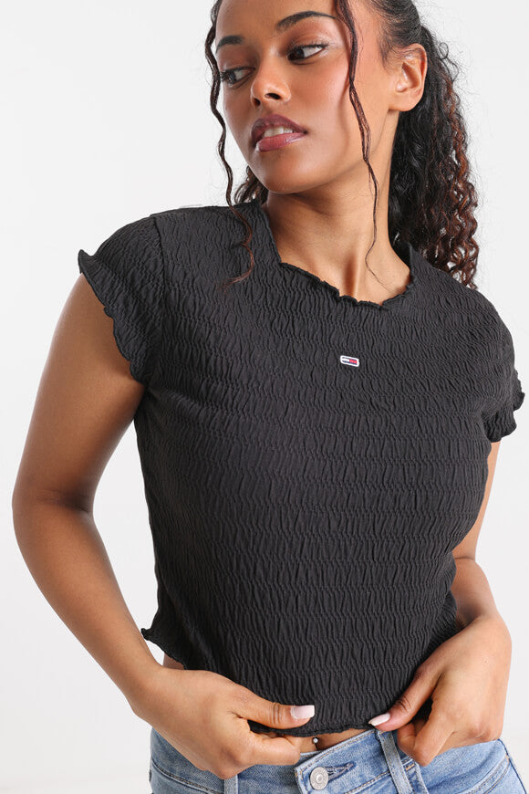 Gesmoktes Crop T-Shirt - Black