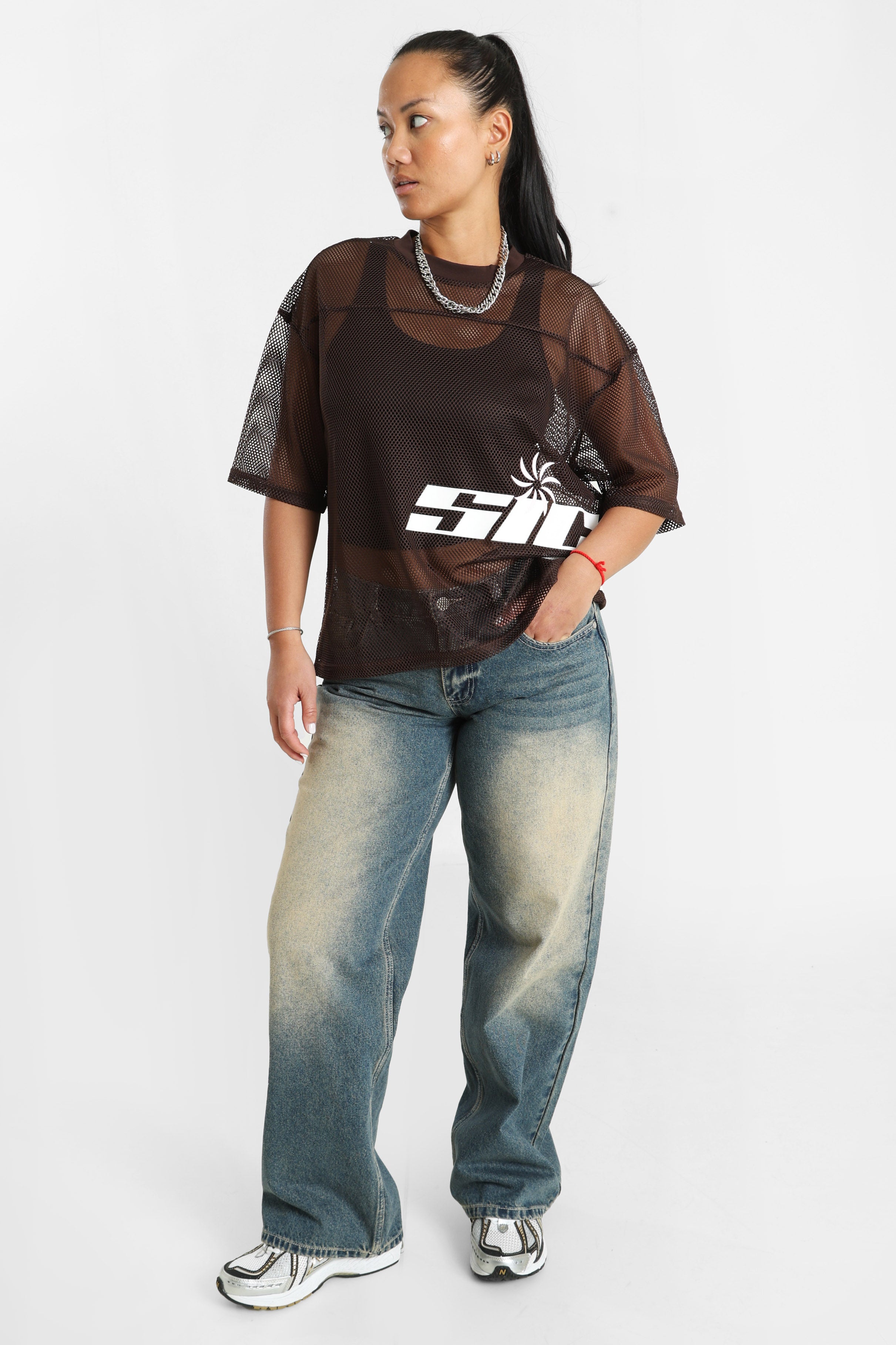 Oversize Mesh T-Shirt - Braun
