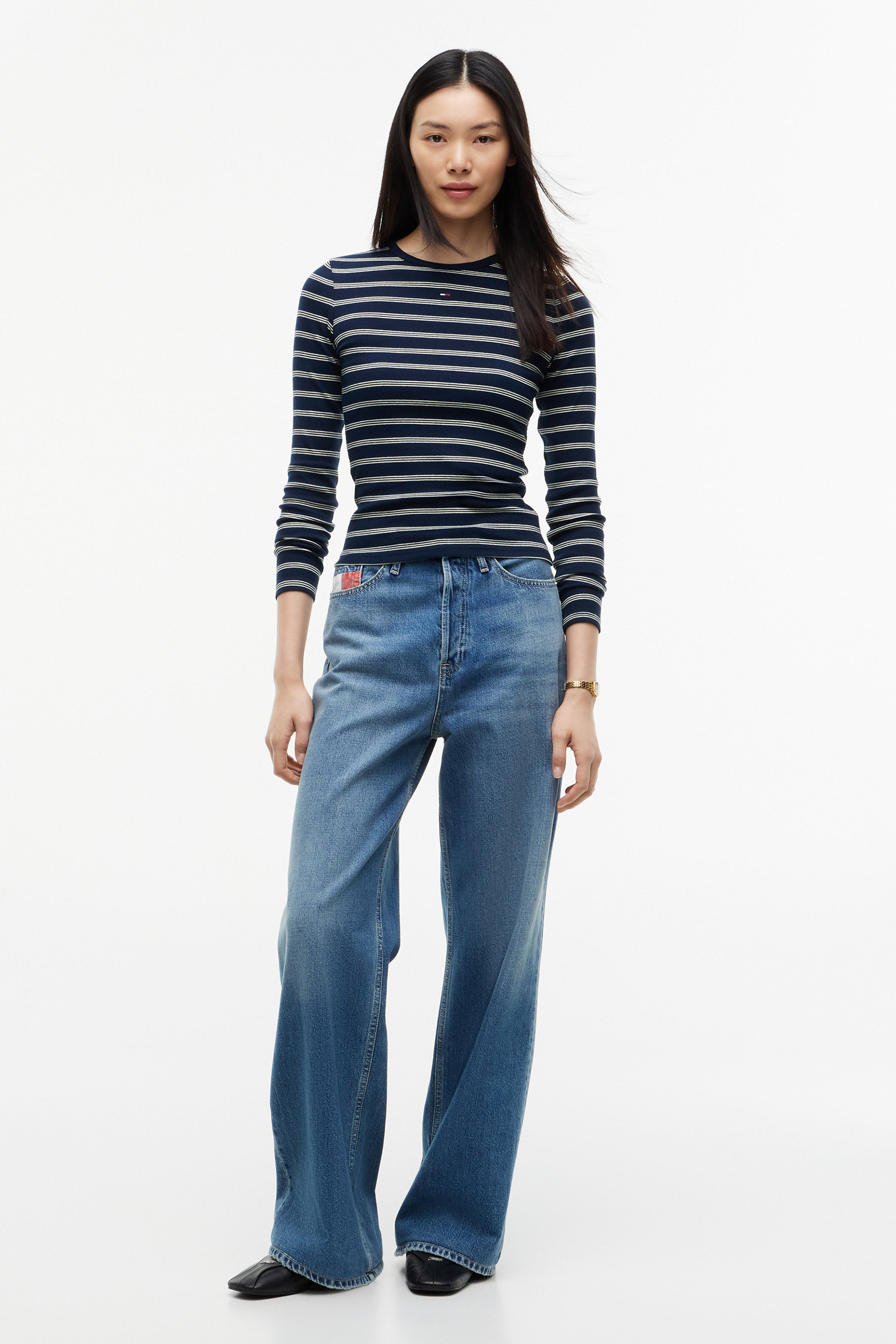 Geripptes Langarmshirt - Dark Blue + Day Lily