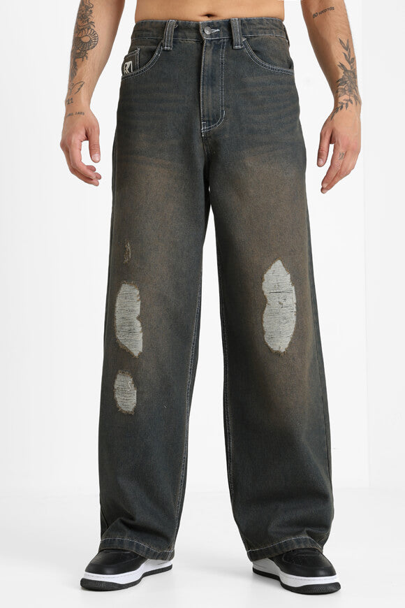 Baggy Fit Jeans - Dark Blue + Brown