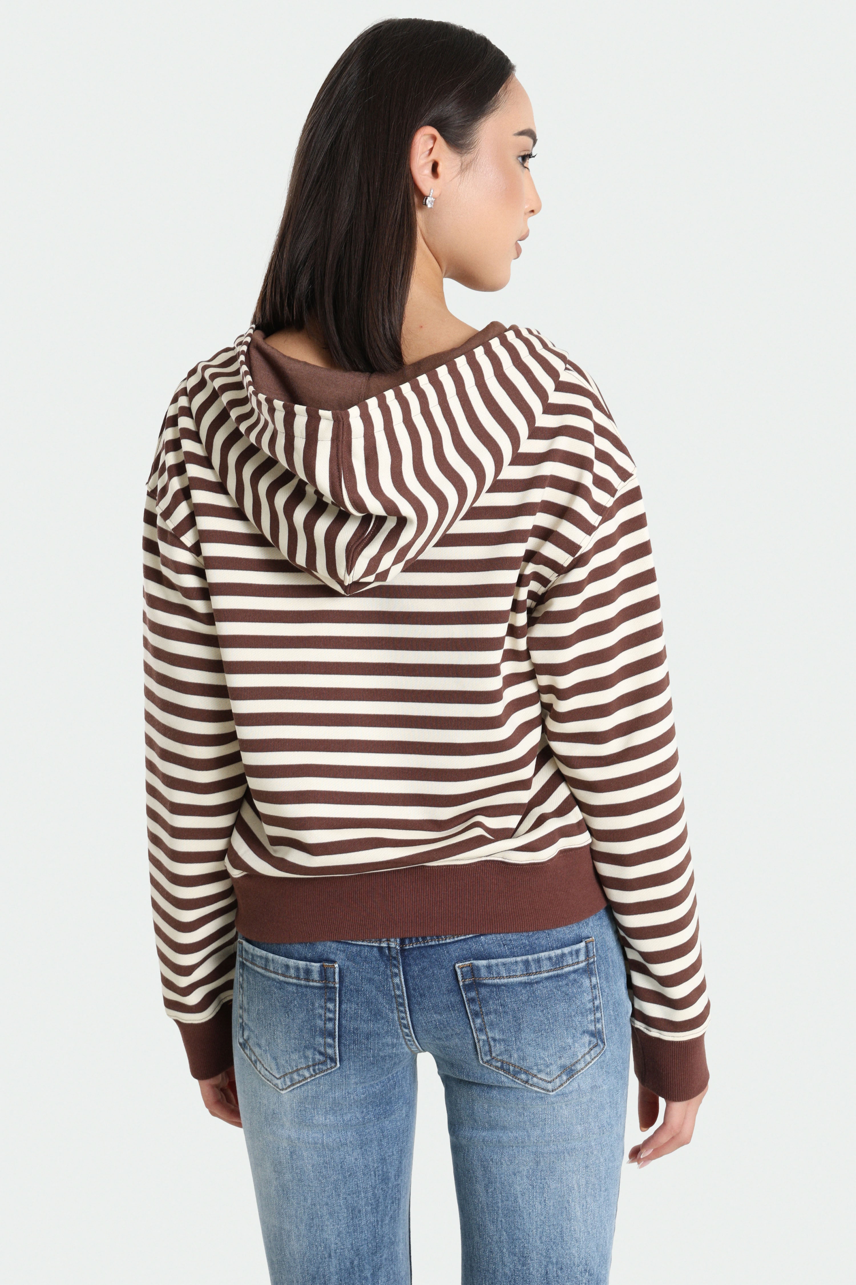 Sweat zippé à capuchon - Brun + Ecru