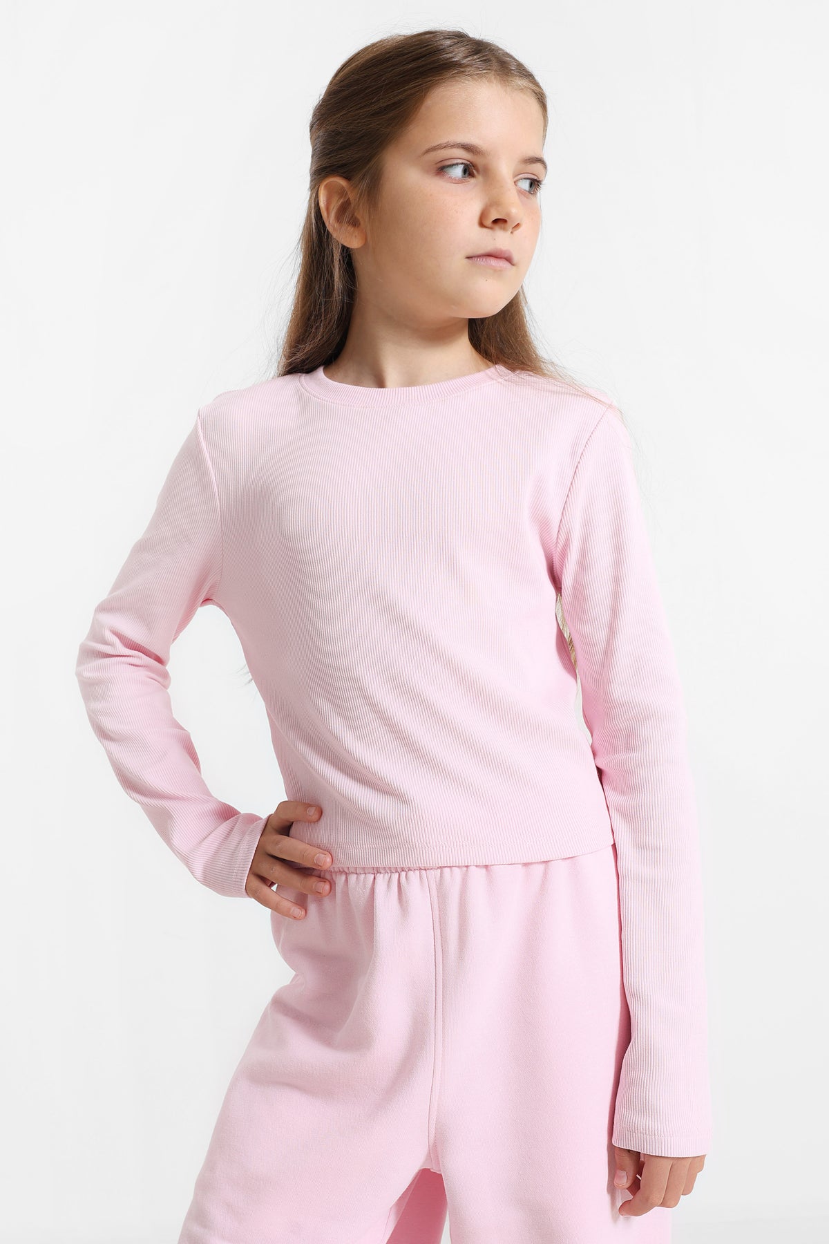 Geripptes Crop Langarmshirt - Rosa
