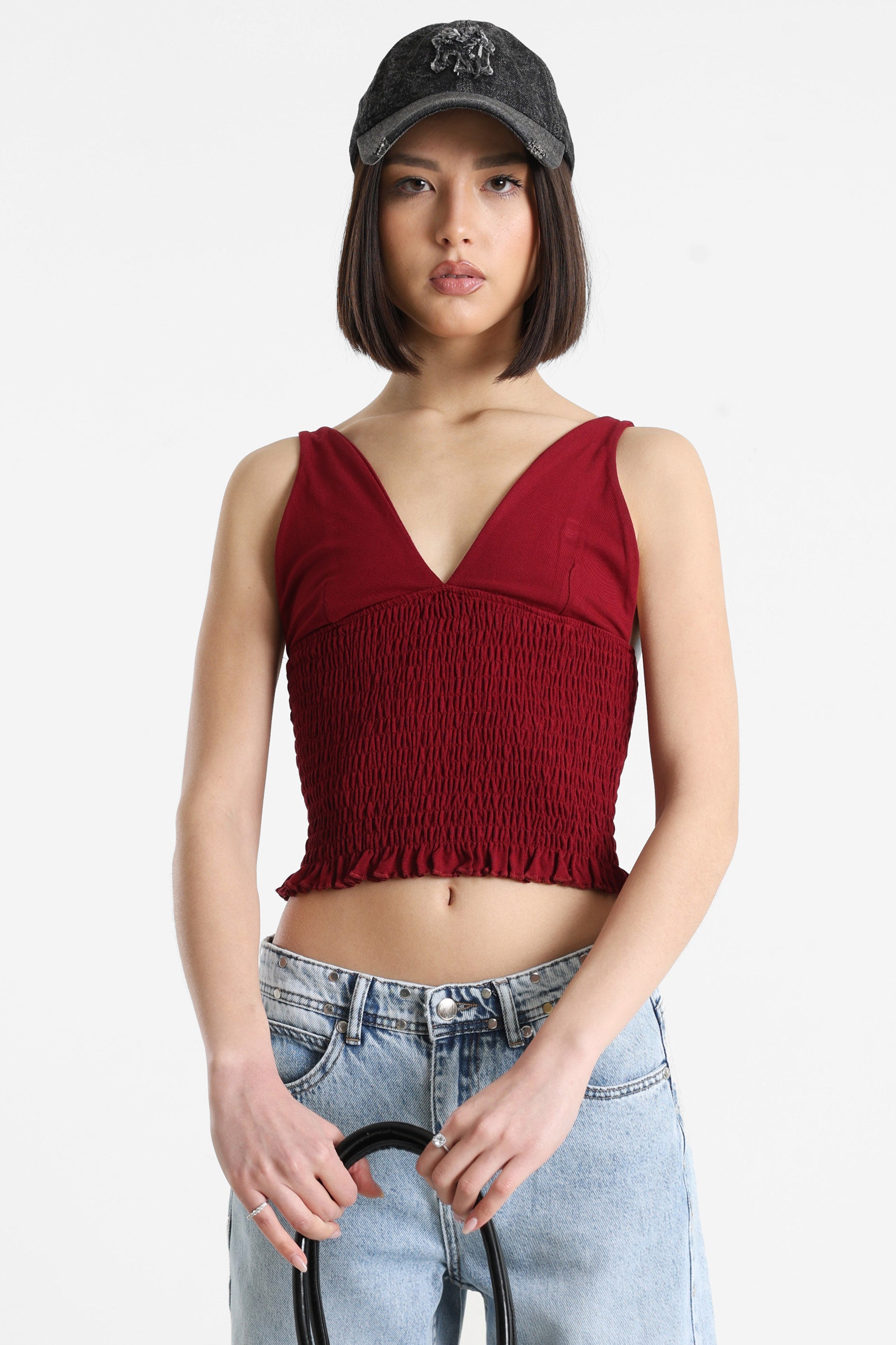 Gesmoktes Crop Top - Bordeaux