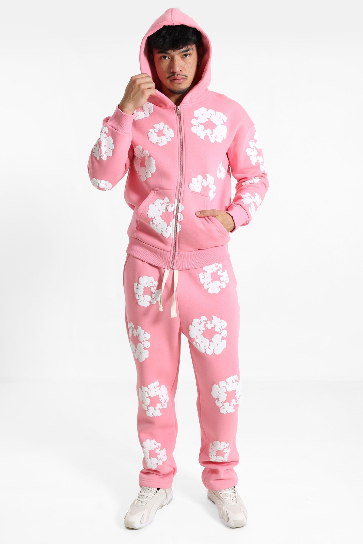 Kapuzensweatjacke - Pink + White