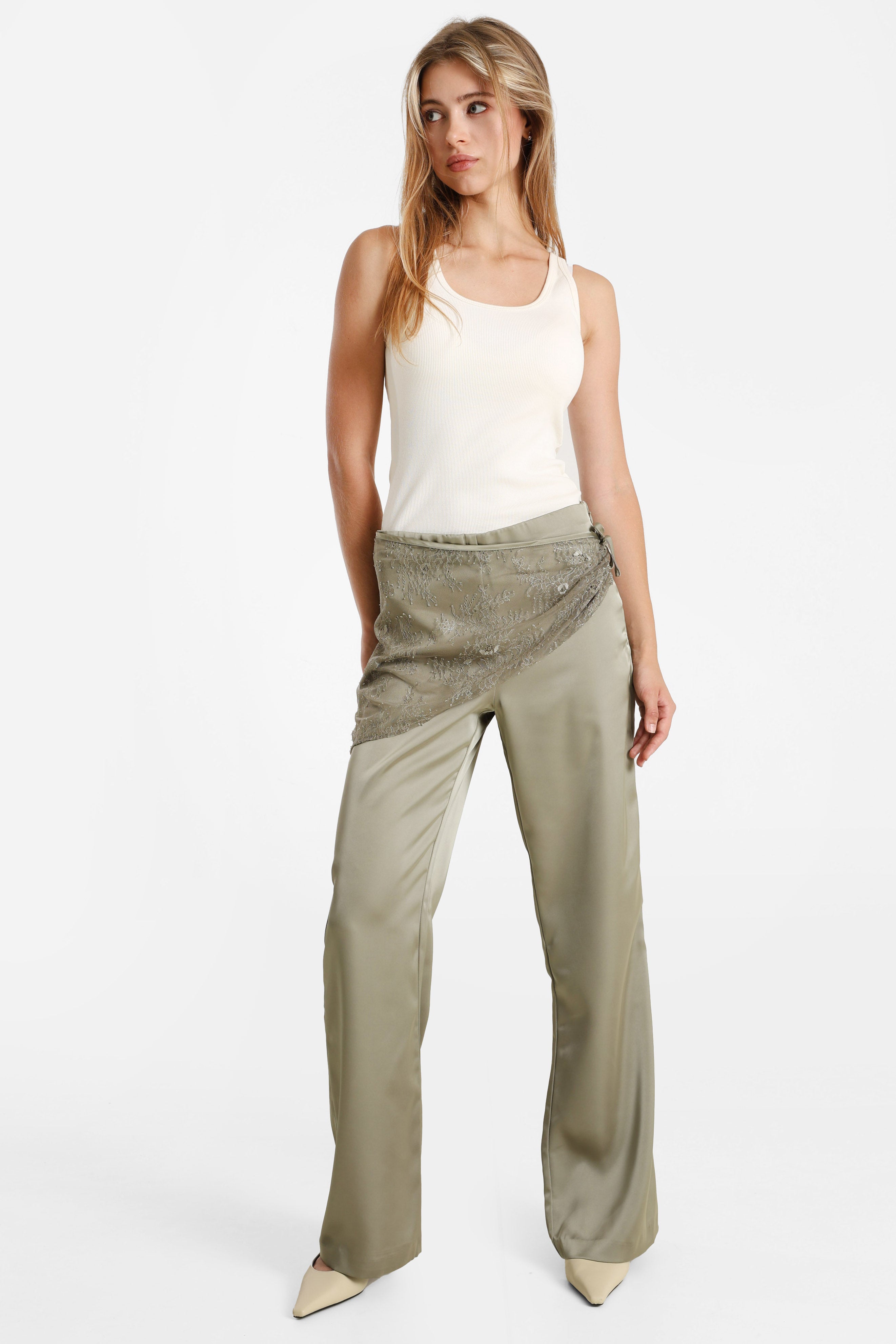 Pantalon satiné avec foulard - Vert olive