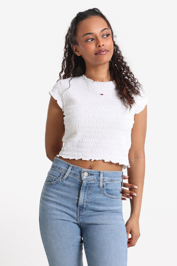 Gesmoktes Crop T-Shirt - White