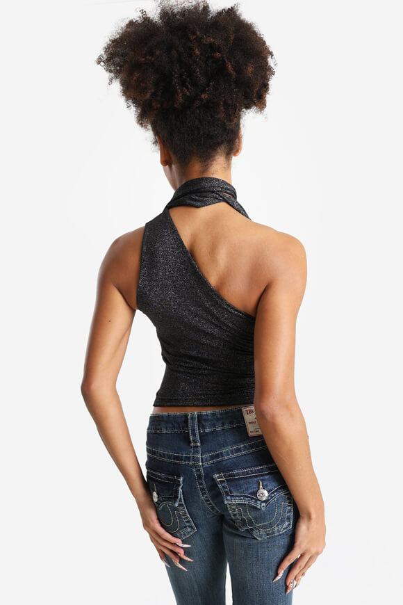 One Shoulder Crop Top - Schwarz + Silber