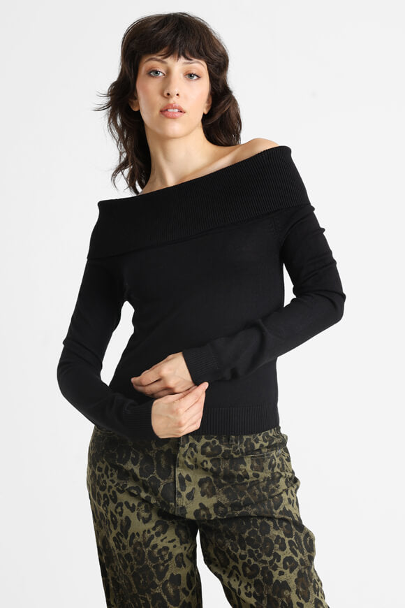 Crop Off Shoulder Feinstrickpullover - Schwarz