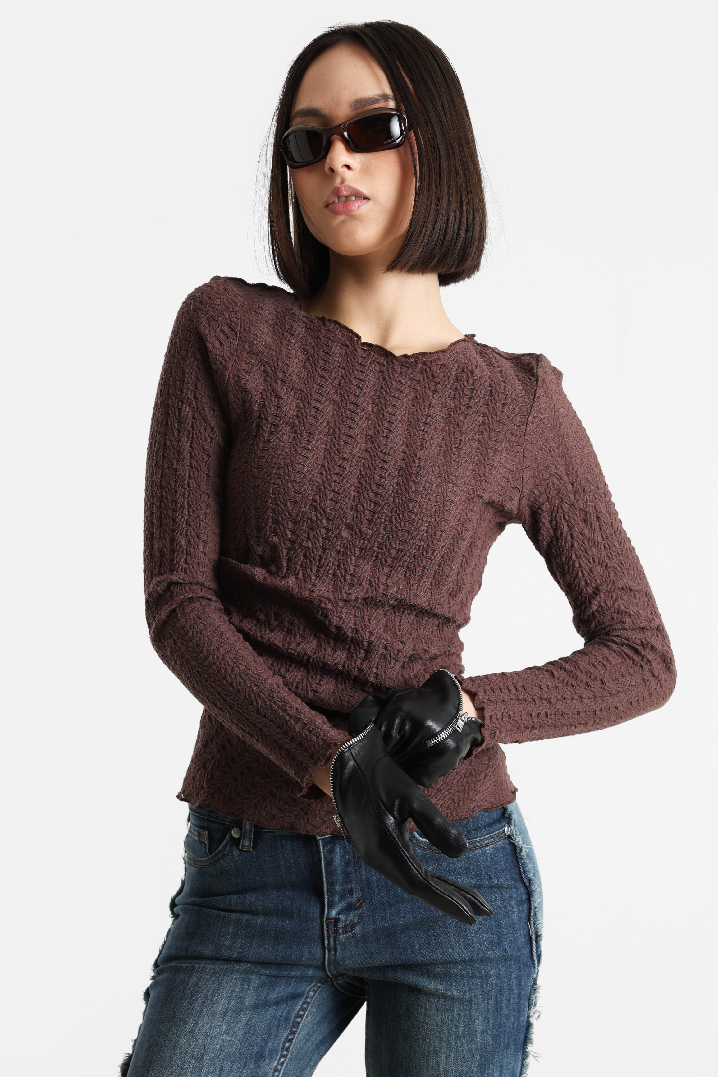 ONLELLA strukturiertes Langarmshirt - Chocolate Martini