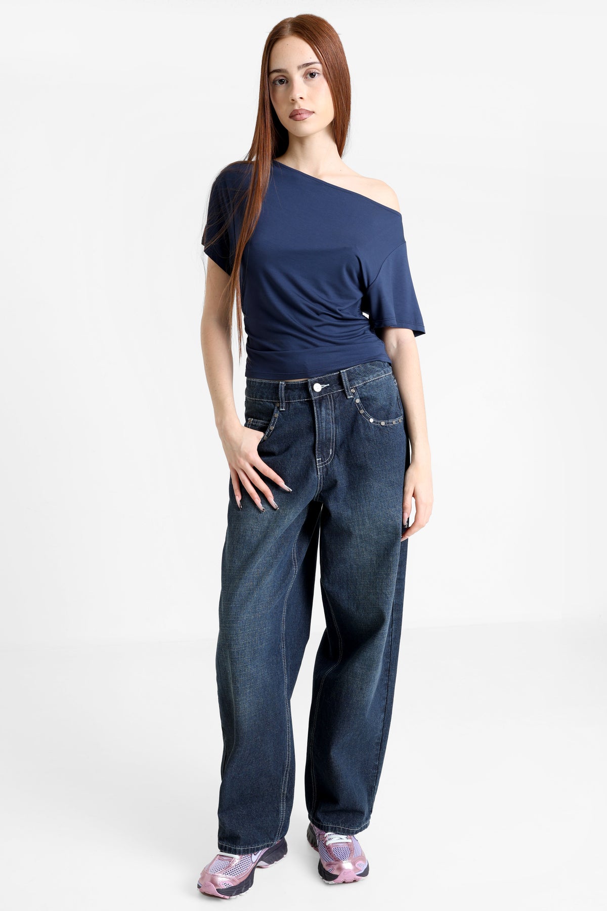 Off Shoulder T-Shirt - Marineblau