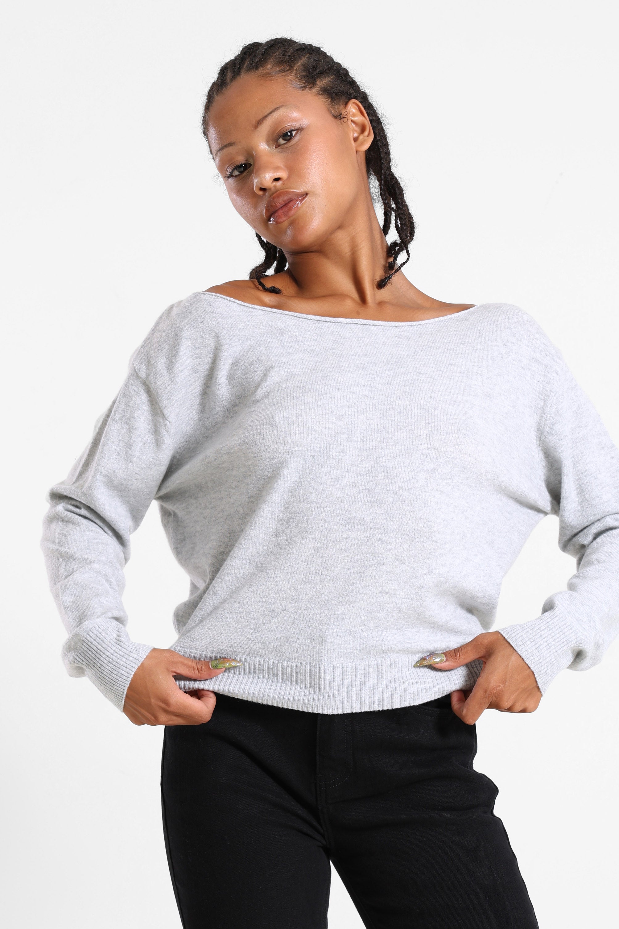 Maglione con scollo a barca in maglia - Grigio mélange chiaro