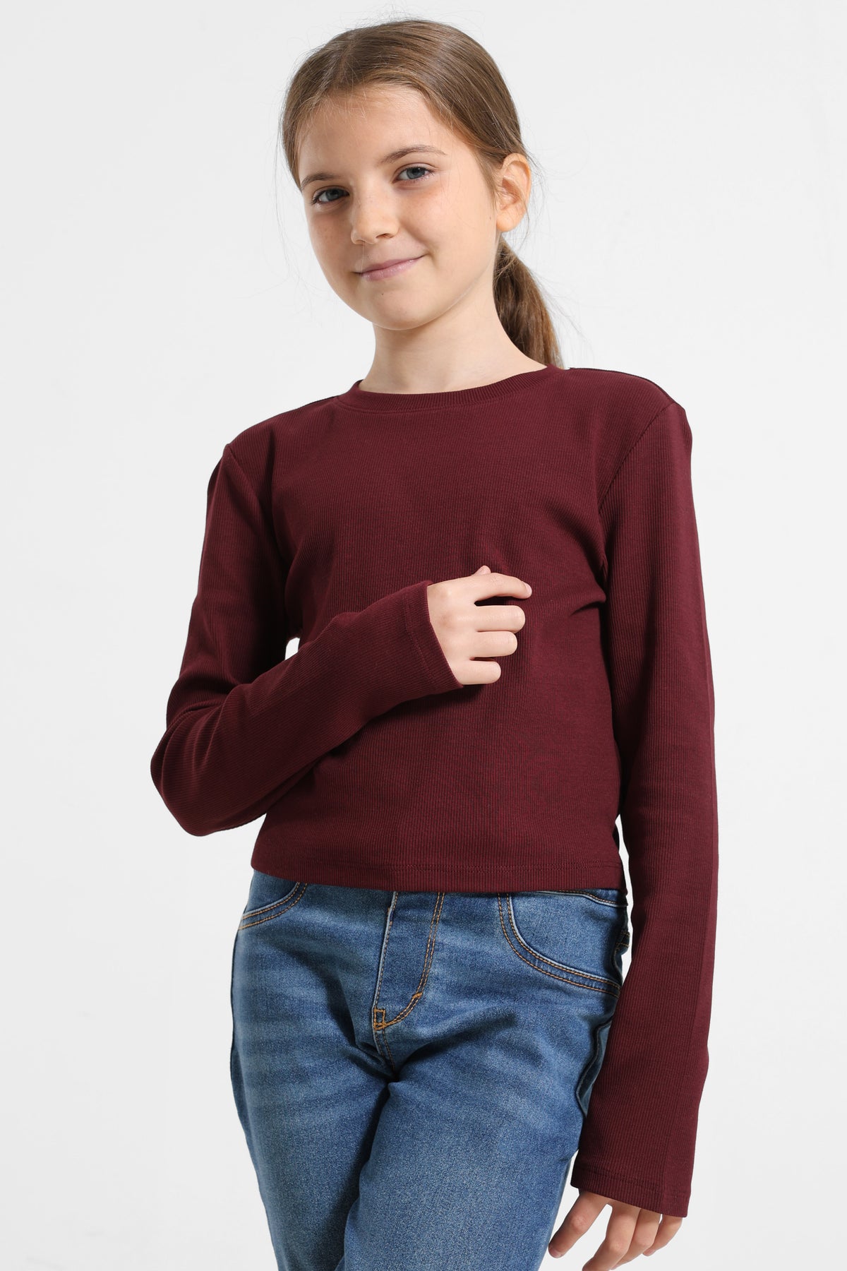 Geripptes Crop Langarmshirt - Burgundy