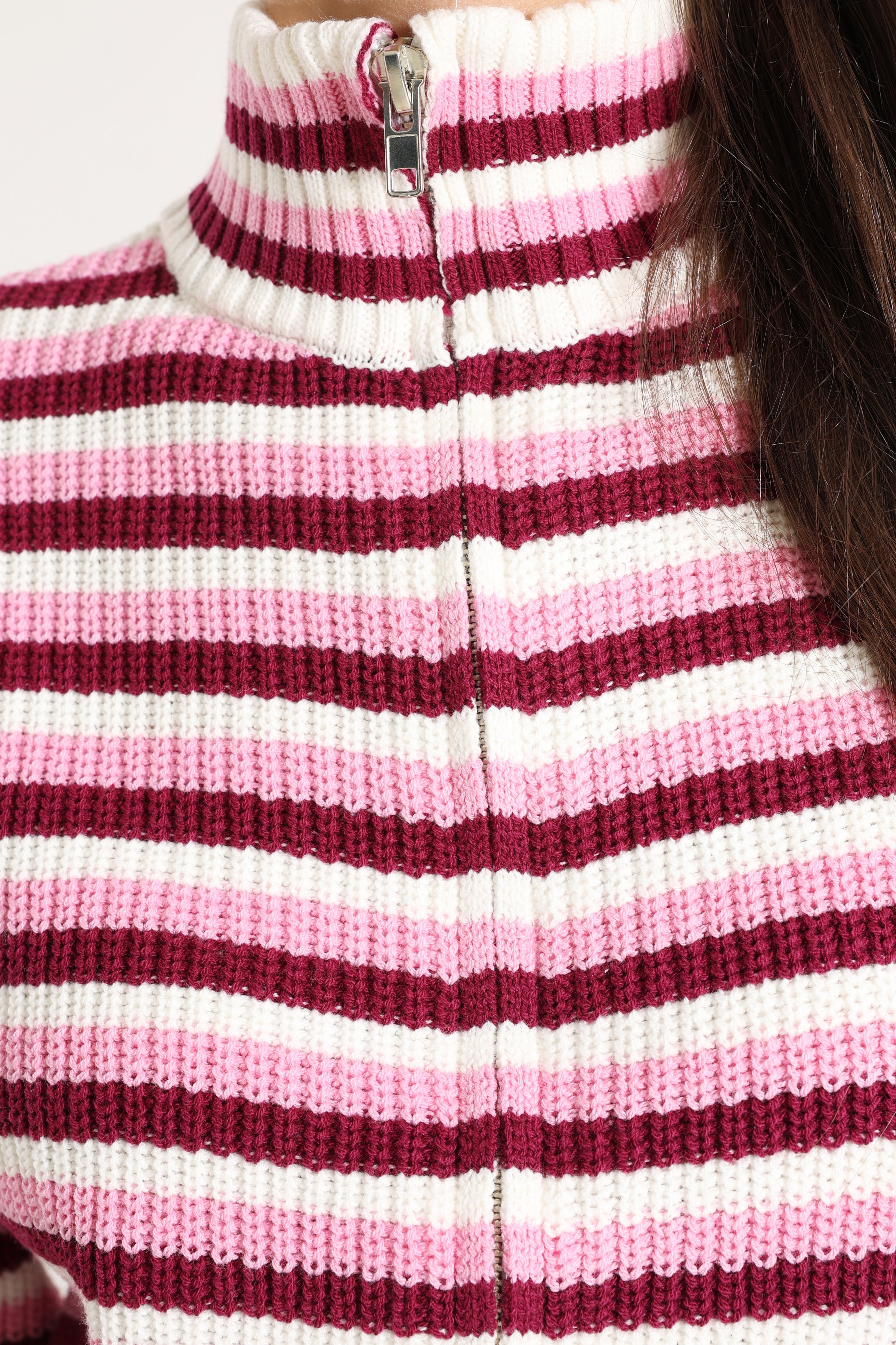 Short knitted jacket - Pink + Offwhite + Burgundy