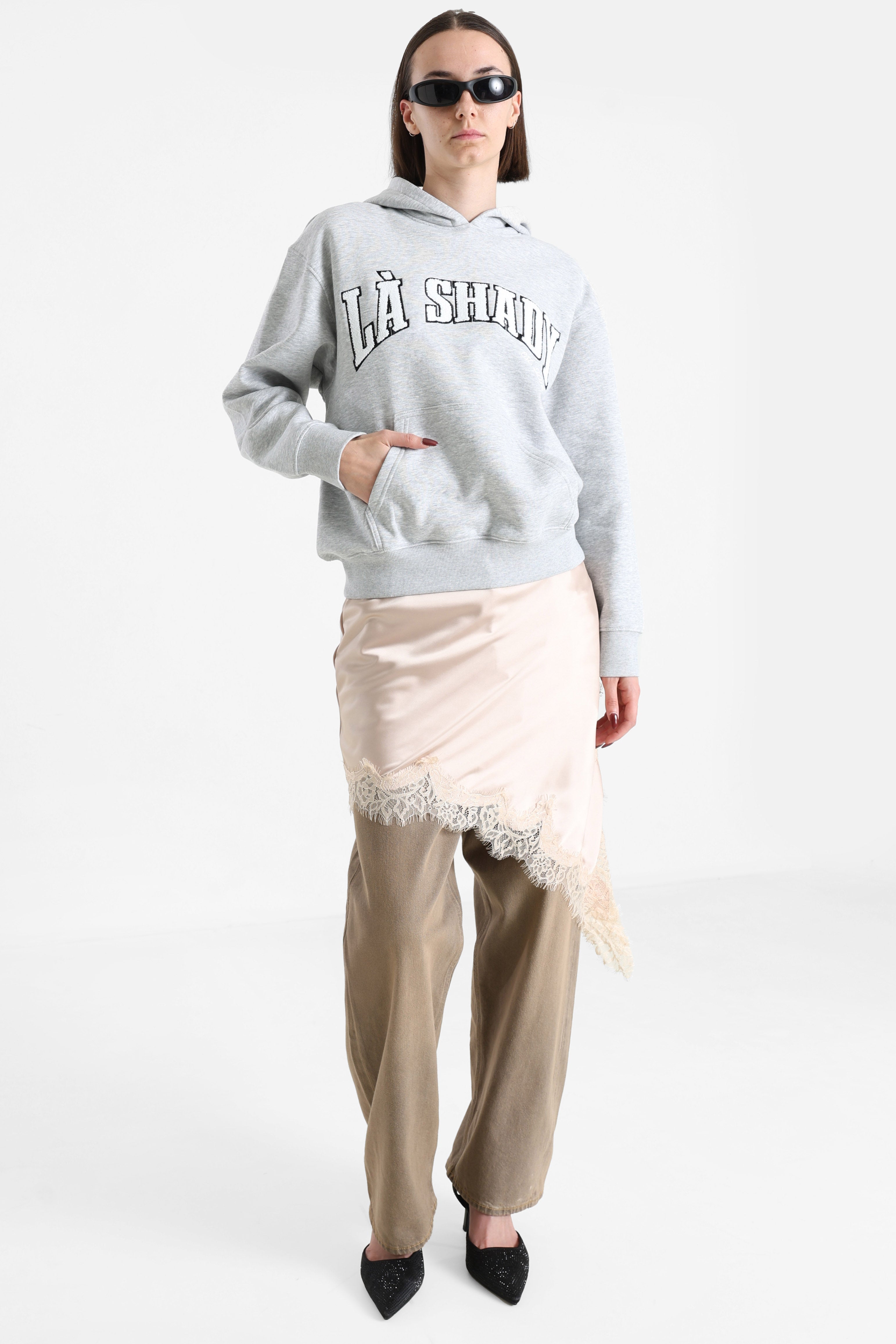 Kapuzensweatshirt - Hellgrau meliert + Weiss