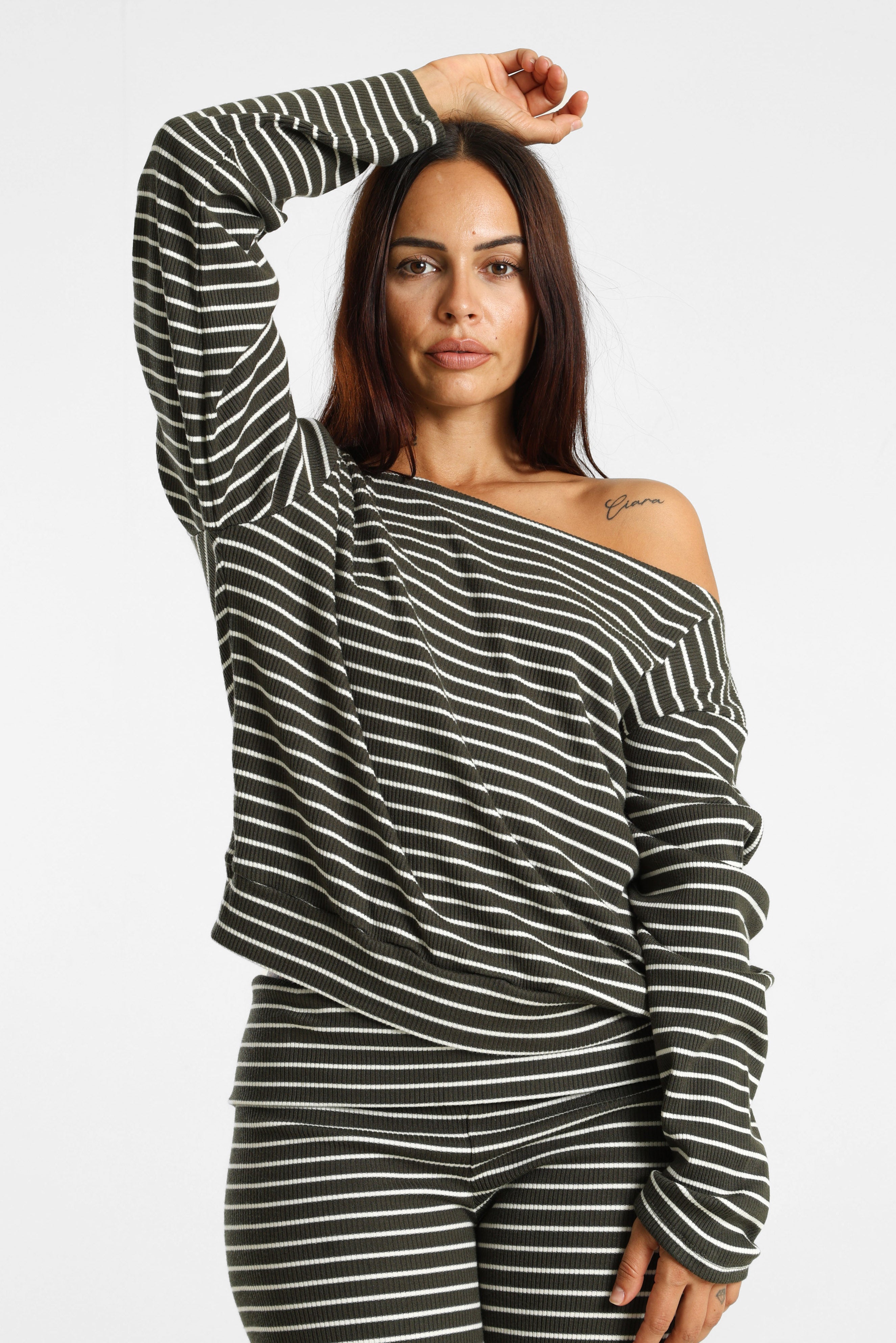 Long-sleeve ribbed shirt - Dark Green + Offwhite