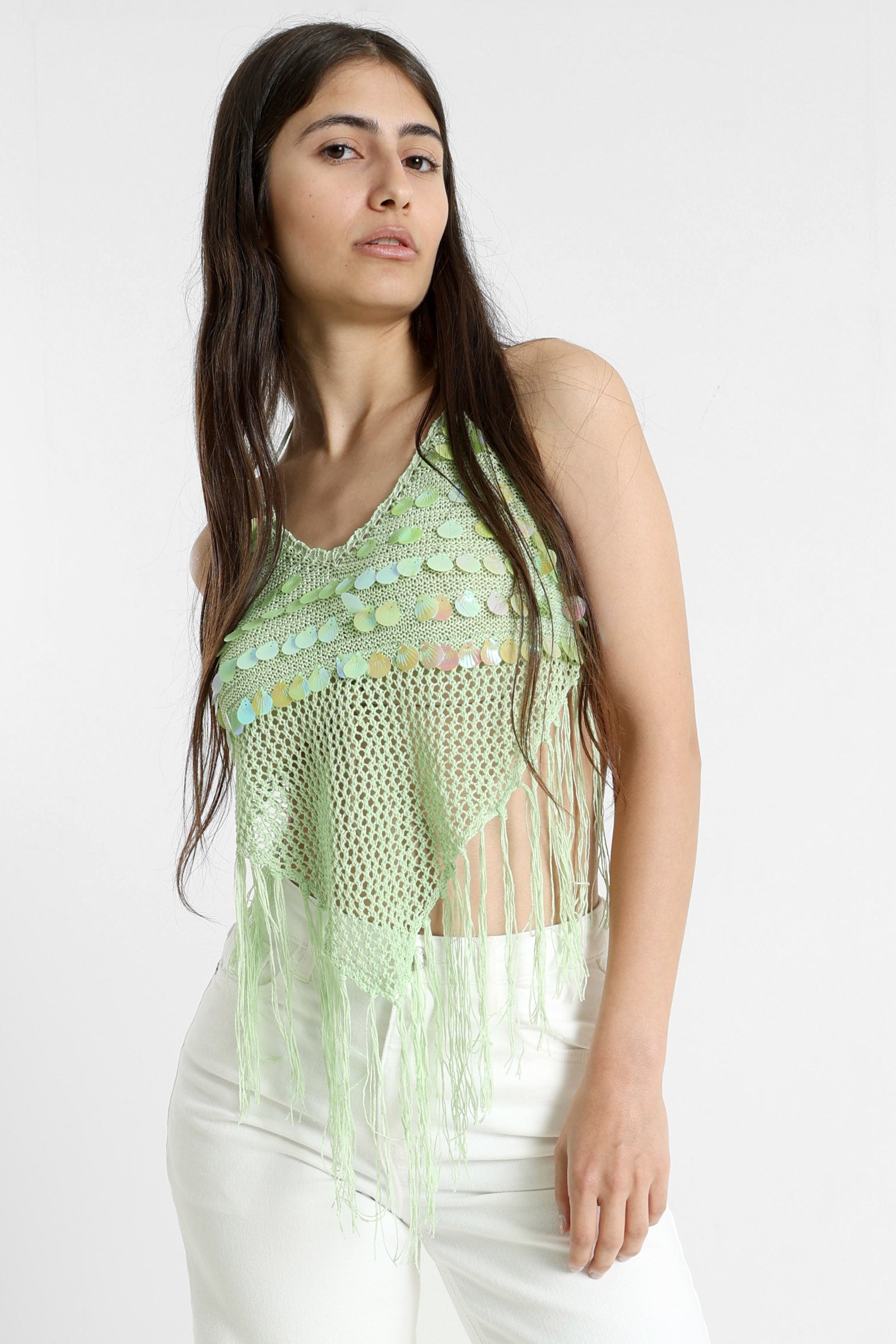 Pailletten Neckholder Häkel Top - Light Green