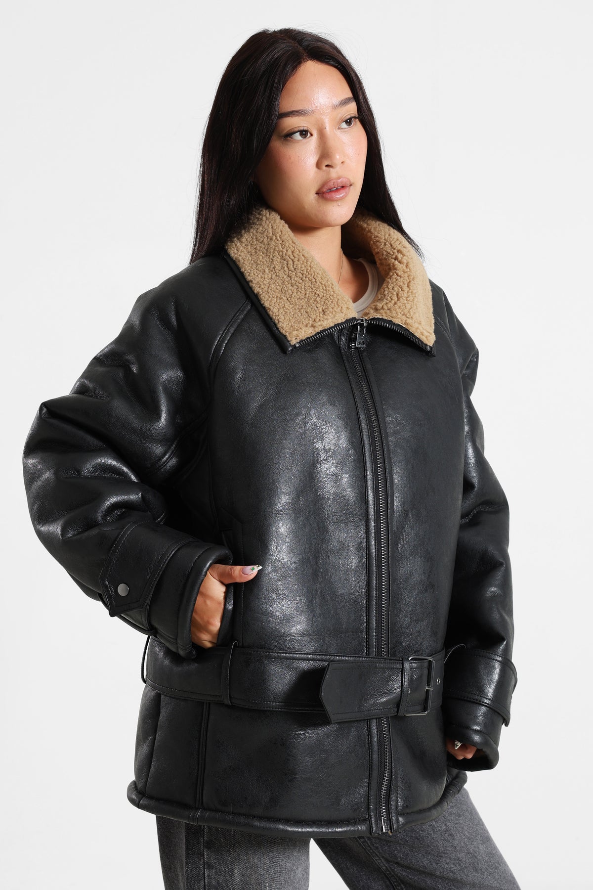 TSTALIA gefütterte Kunstlederjacke - Black