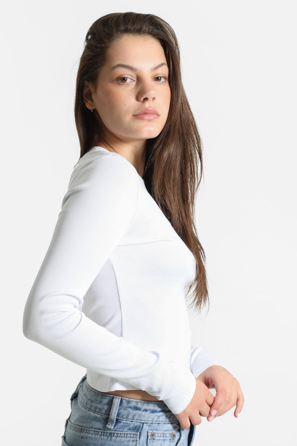 Geripptes Crop Langarmshirt - Weiss