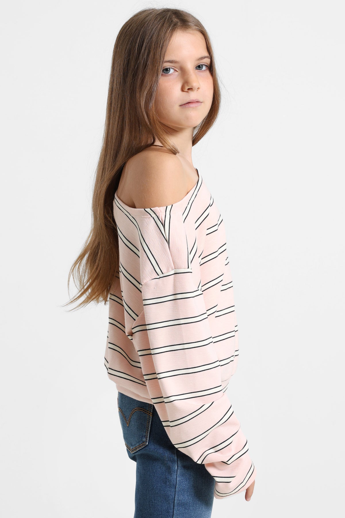 Off Shoulder Langarmshirt - Rosa + Offwhite + Schwarz