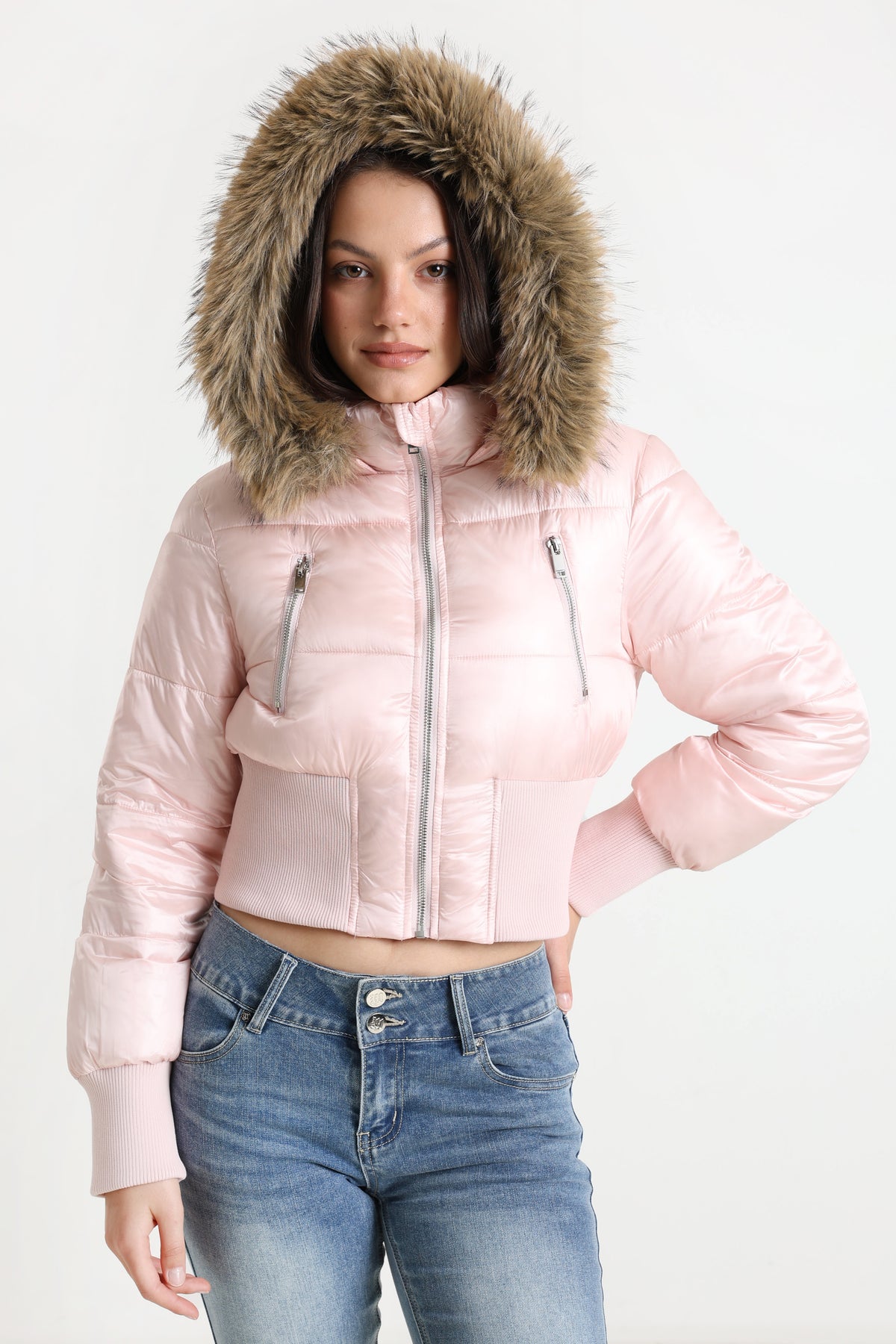 Crop Puffer Bomberjacke - Hell Pink