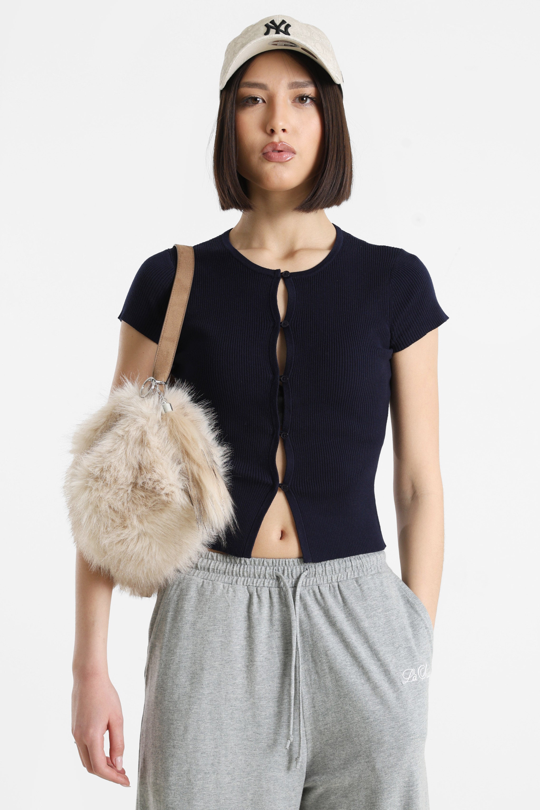 Geripptes Crop T-Shirt - Marineblau