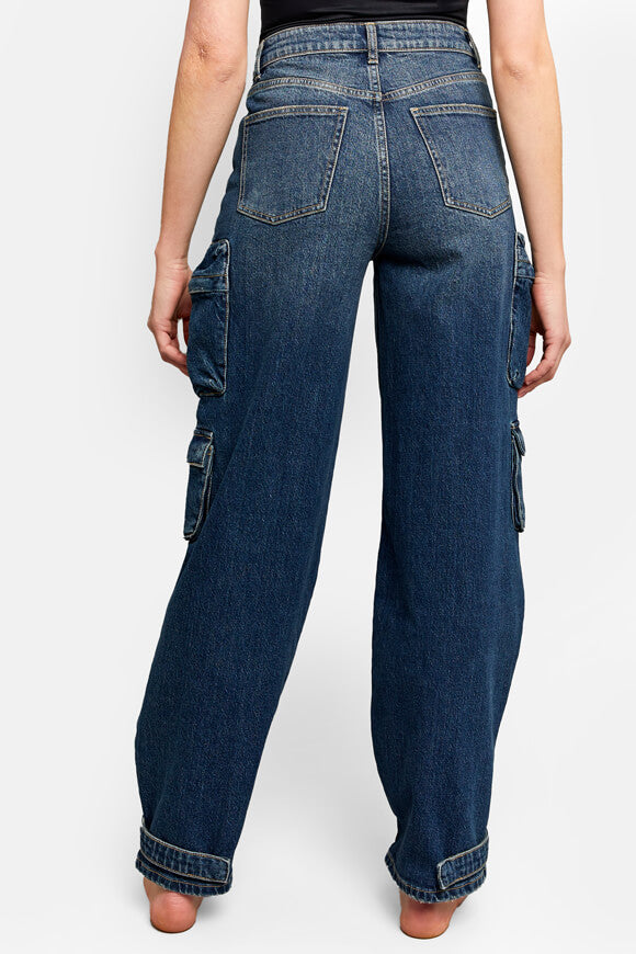 Straight Leg Cargo Jeans  - Dark Blue Washed