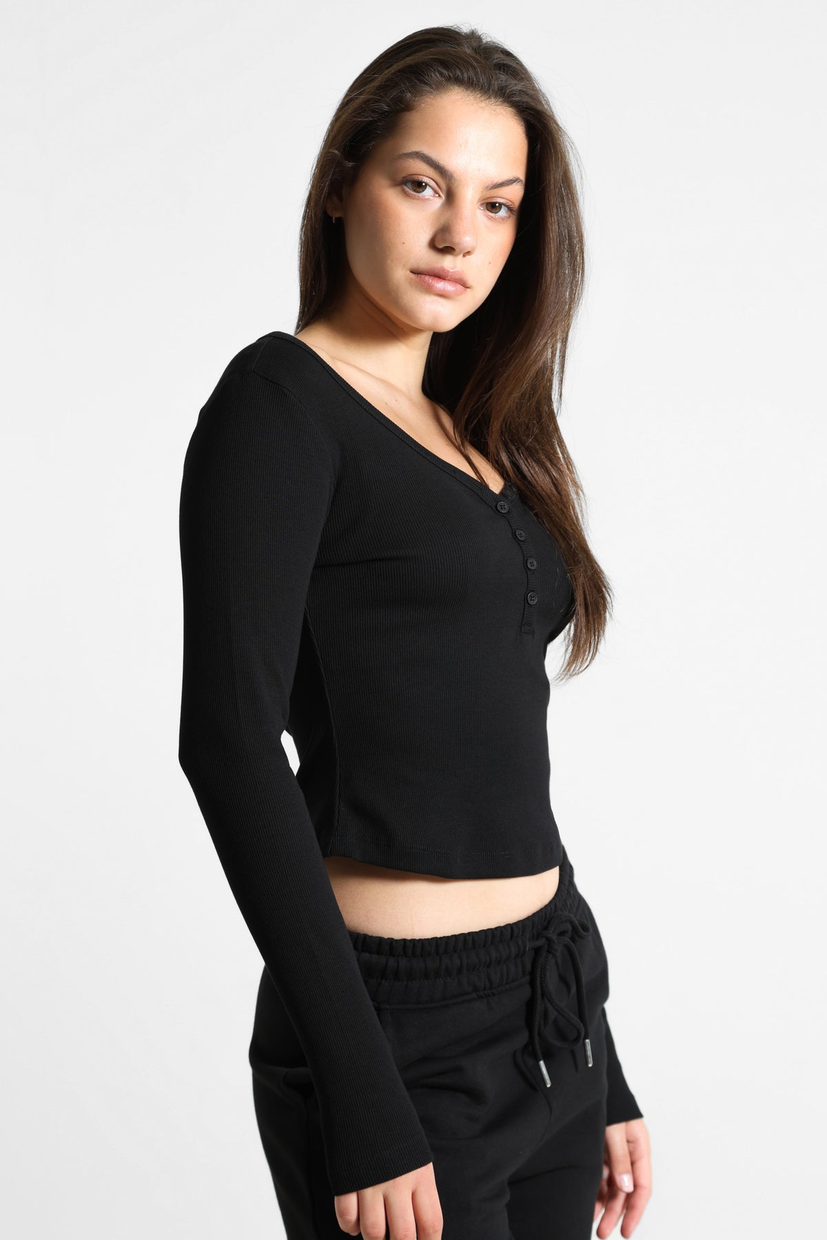 Geripptes Crop Langarmshirt - Schwarz