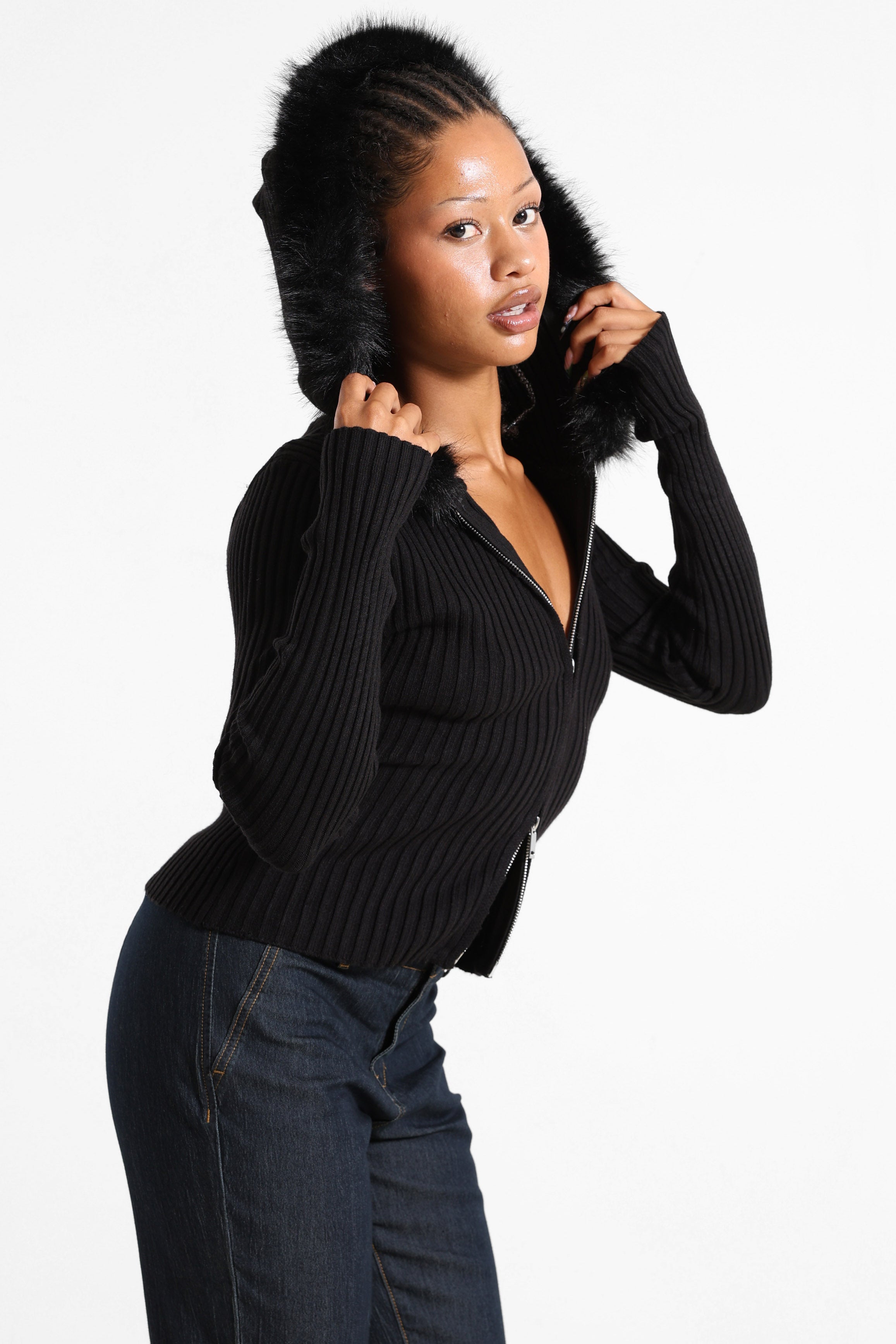 Gerippte Strickjacke - Schwarz